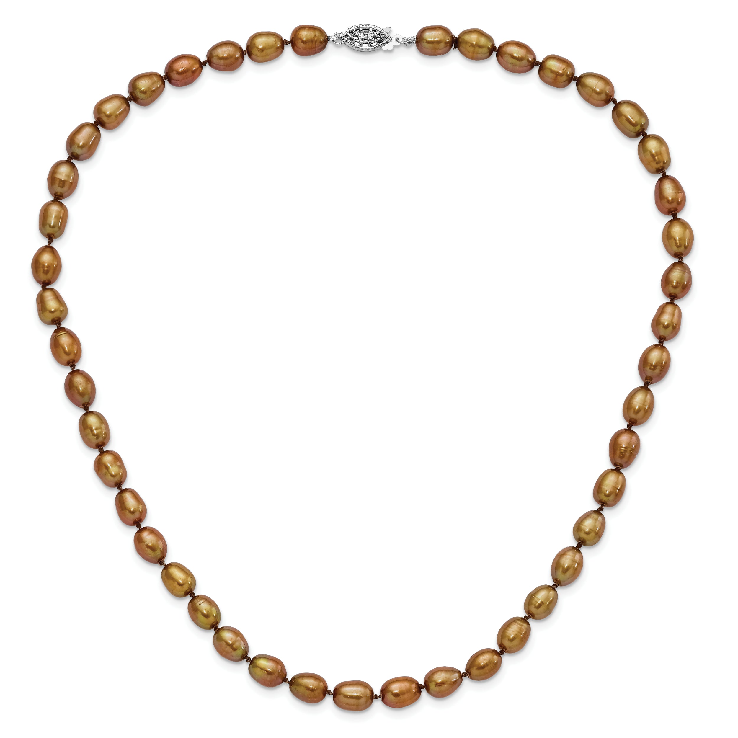 Sterling Silver Rhodium 7-8mm Brown FWC Rice Pearl Necklace