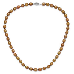 Sterling Silver Rhodium 7-8mm Brown FWC Rice Pearl Necklace