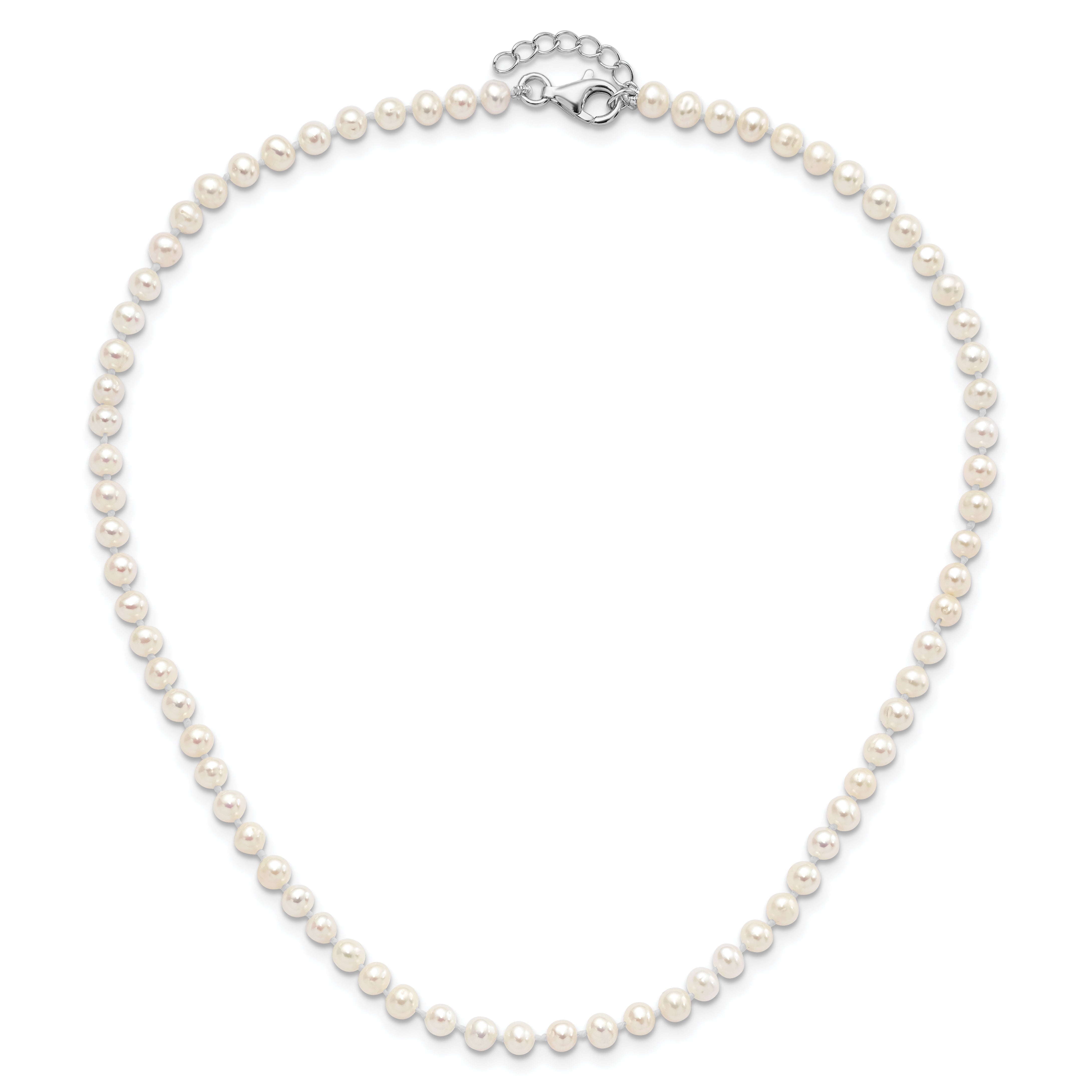 Sterling Silver Rhodium-plated Polished 4-5mm Semi-round Freshwater Cultured Pearl 14in Necklace w/ 1in Ext., 5in Bracelet & Earring Set