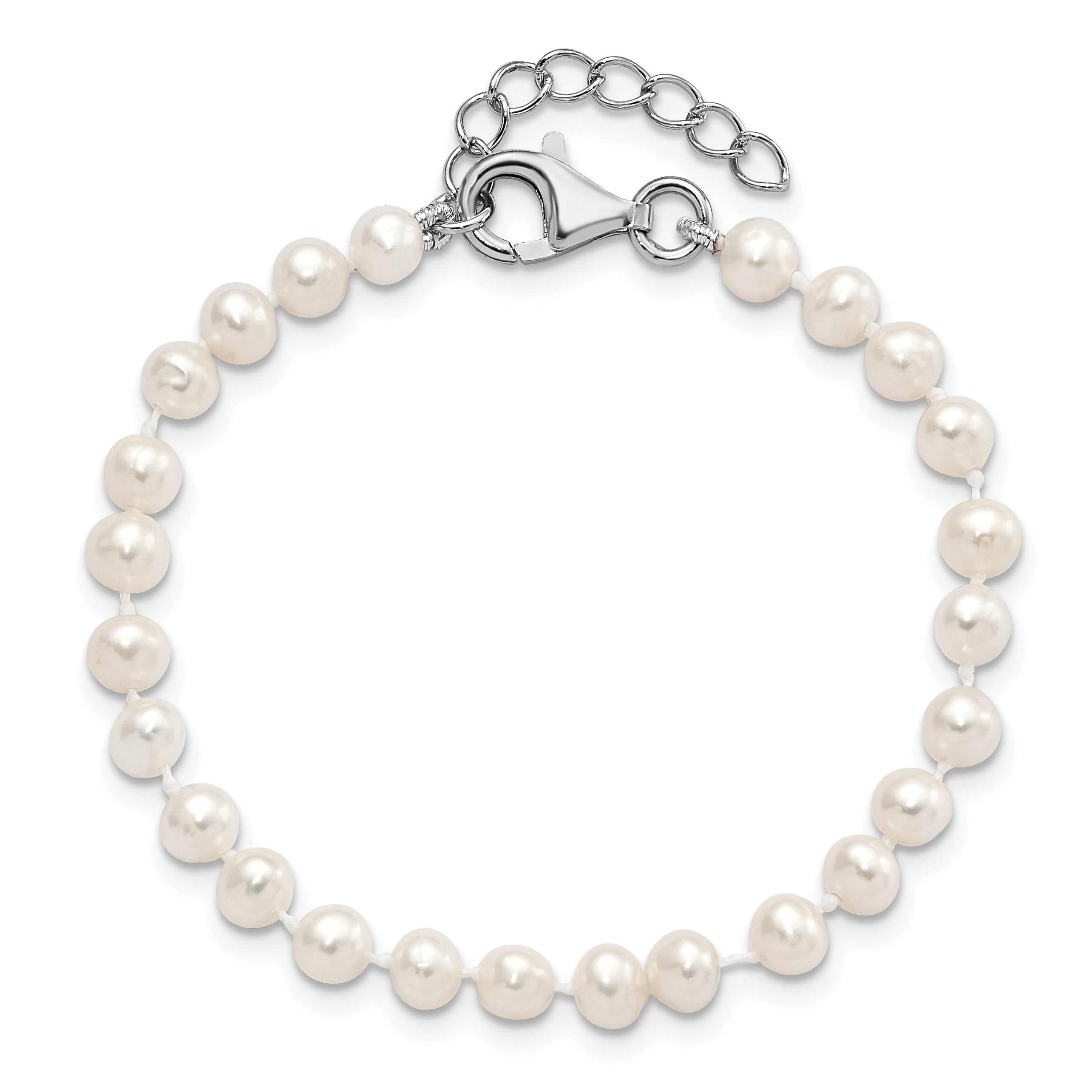 Sterling Silver Rhodium-plated Polished 4-5mm Semi-round Freshwater Cultured Pearl 14in Necklace w/ 1in Ext., 5in Bracelet & Earring Set