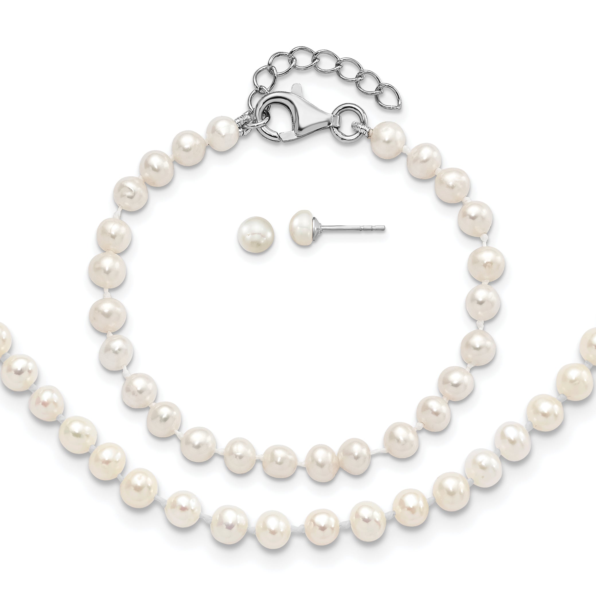 Sterling Silver Rhodium-plated Polished 4-5mm Semi-round Freshwater Cultured Pearl 14in Necklace w/ 1in Ext., 5in Bracelet & Earring Set