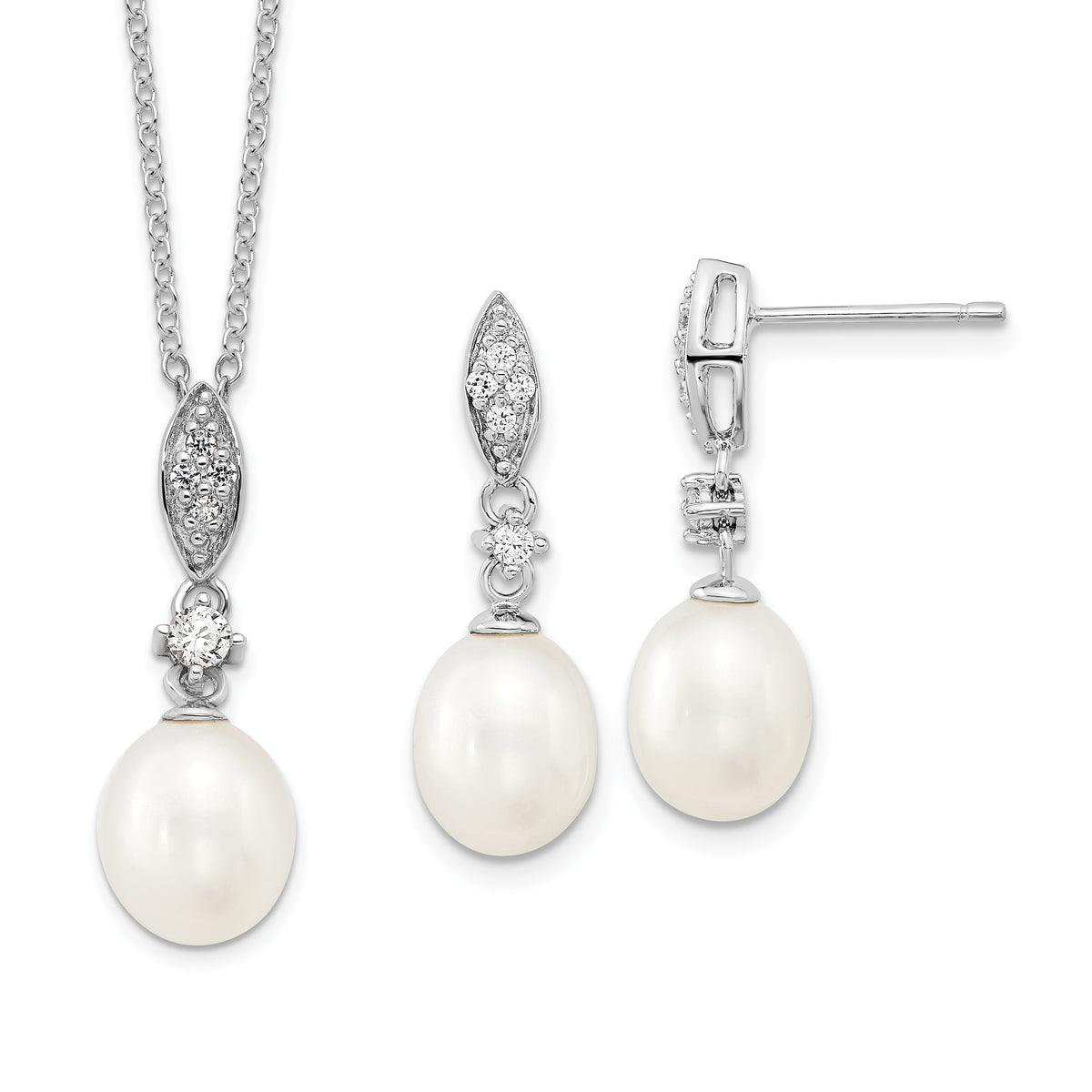 Sterling Silver Rhodium-plated 8-9mm FWC Pearl CZ Necklace/Earring Set