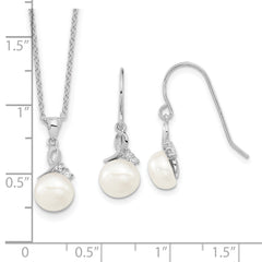 Sterling Silver Rhodium-plated 7-8mm FWC Pearl CZ Necklace/Earring Set