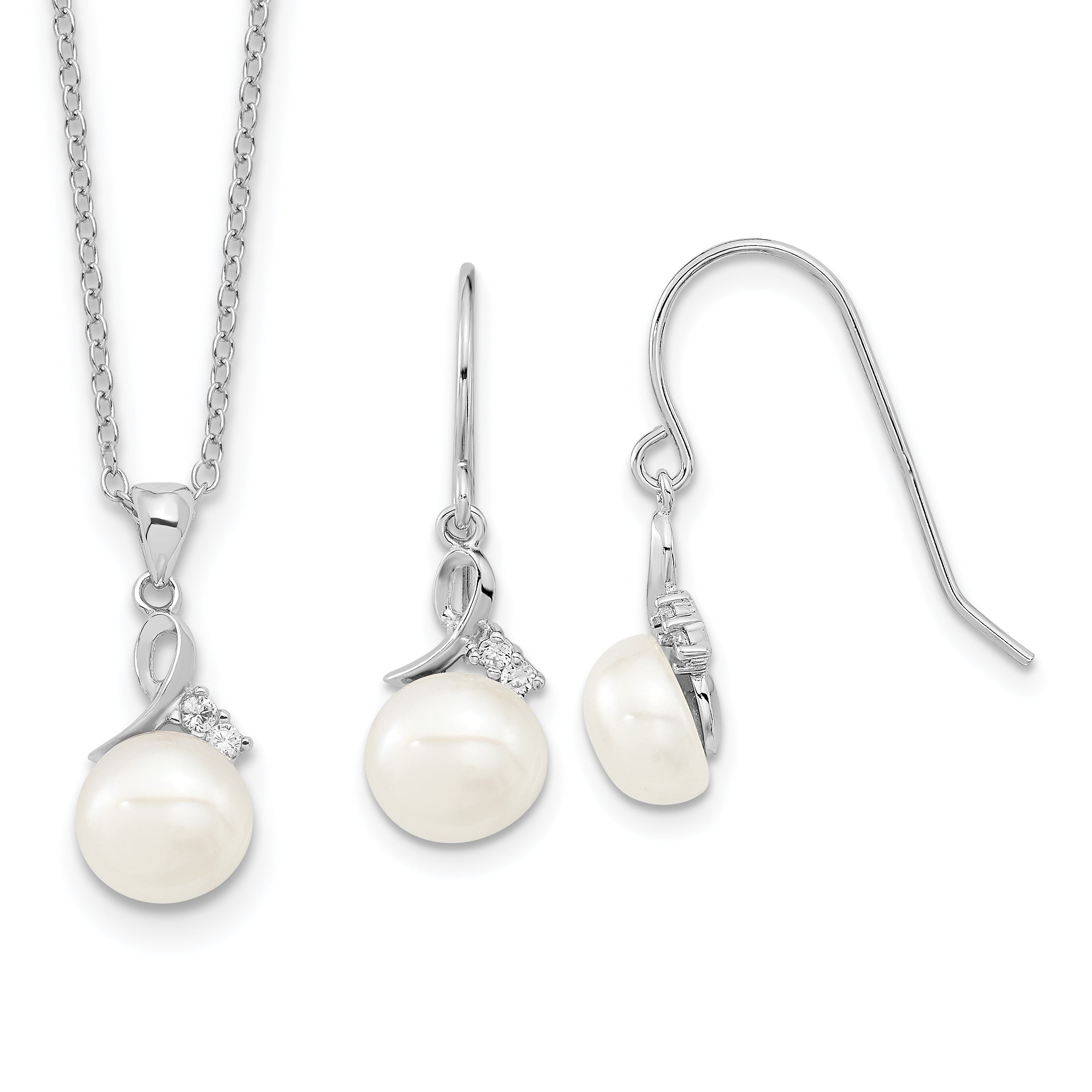 Sterling Silver Rhodium-plated 7-8mm FWC Pearl CZ Necklace/Earring Set