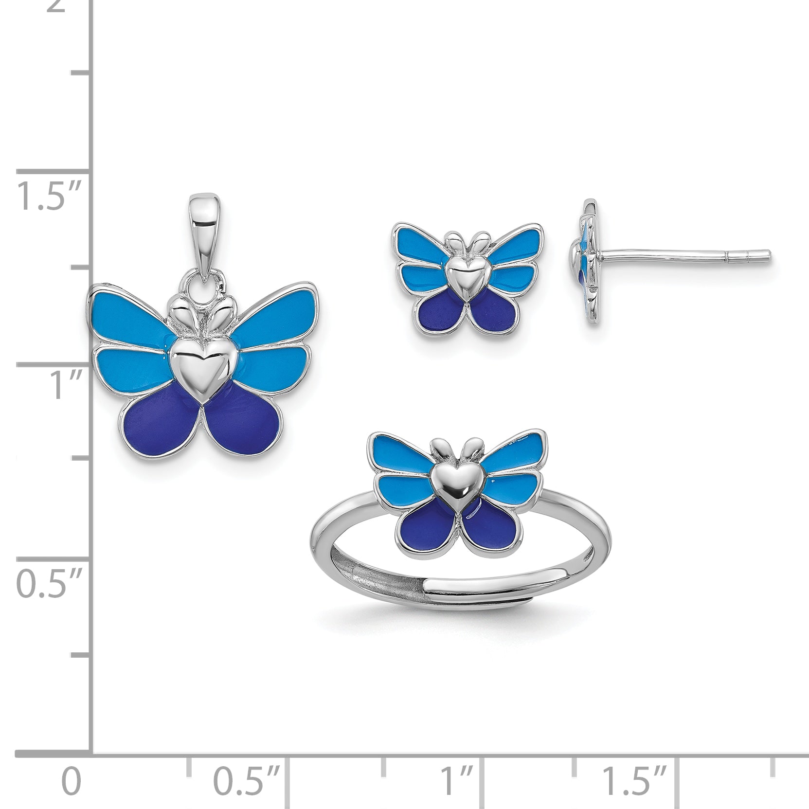 Sterling Silver Rhodium-plated Polished & Enameled Butterfly Children's Earring Ring & Pendant Set