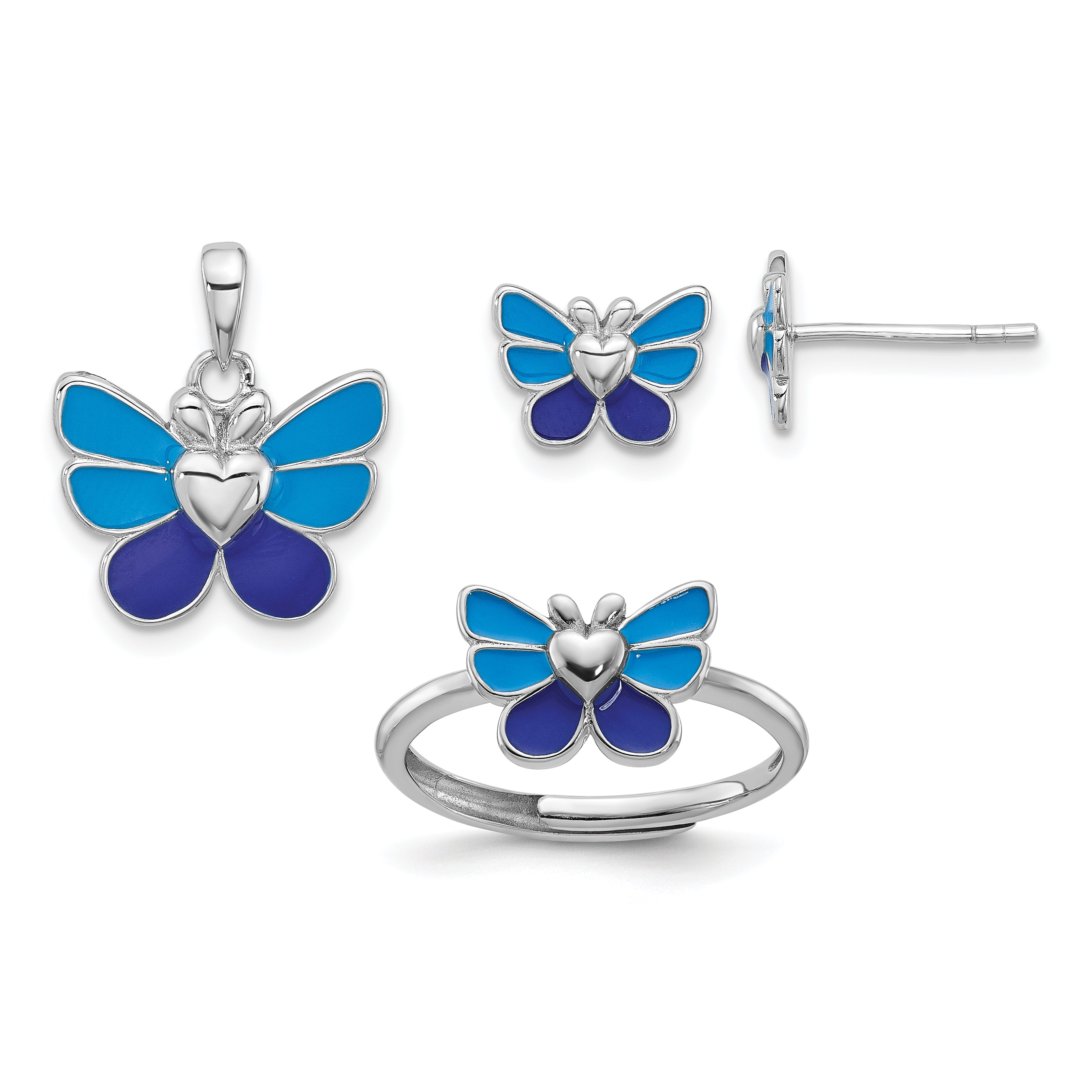 Sterling Silver Rhodium-plated Polished & Enameled Butterfly Children's Earring Ring & Pendant Set