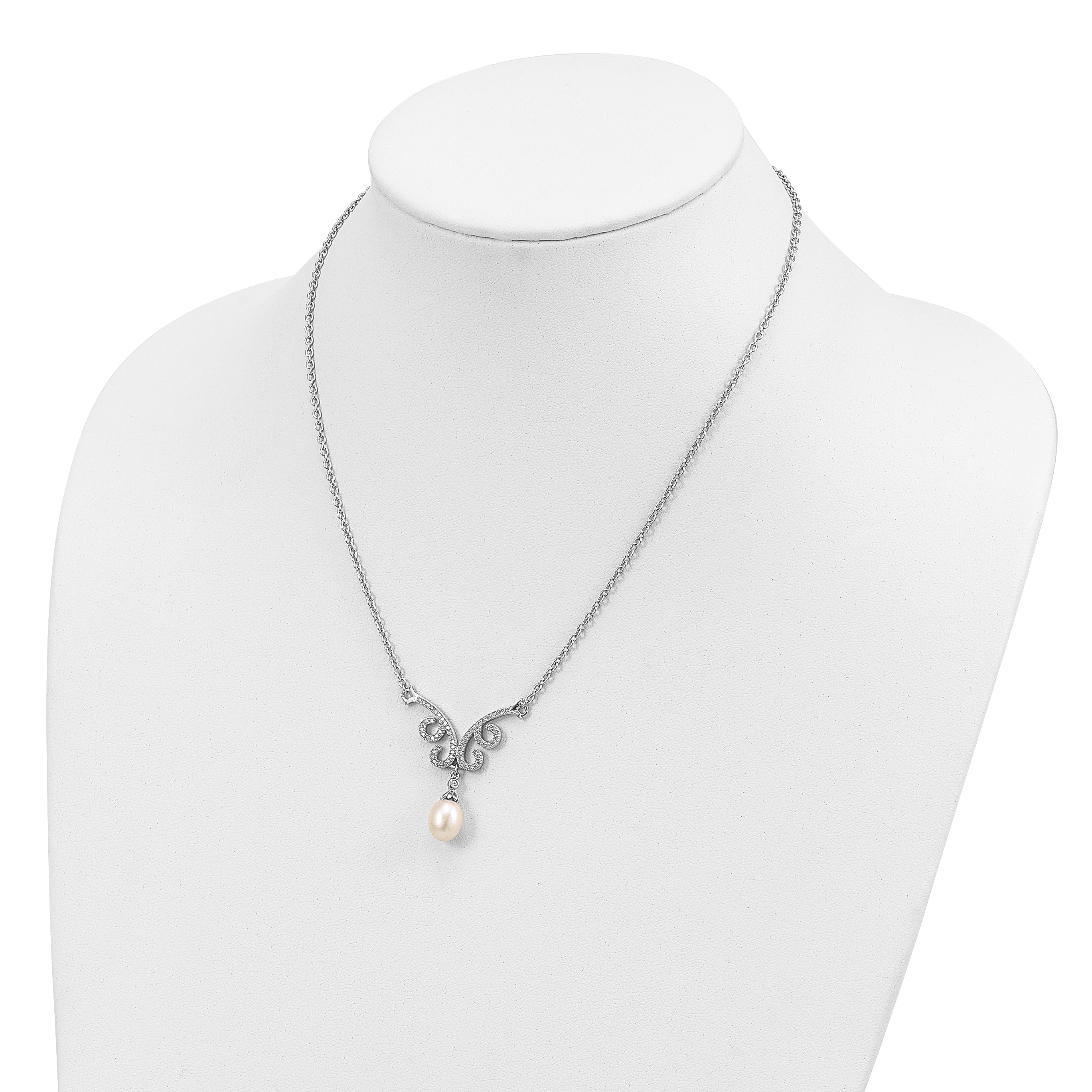 Sterling Silver Rhod-plated 8-9mm White FWC Pearl CZ w/1in ext. Necklace