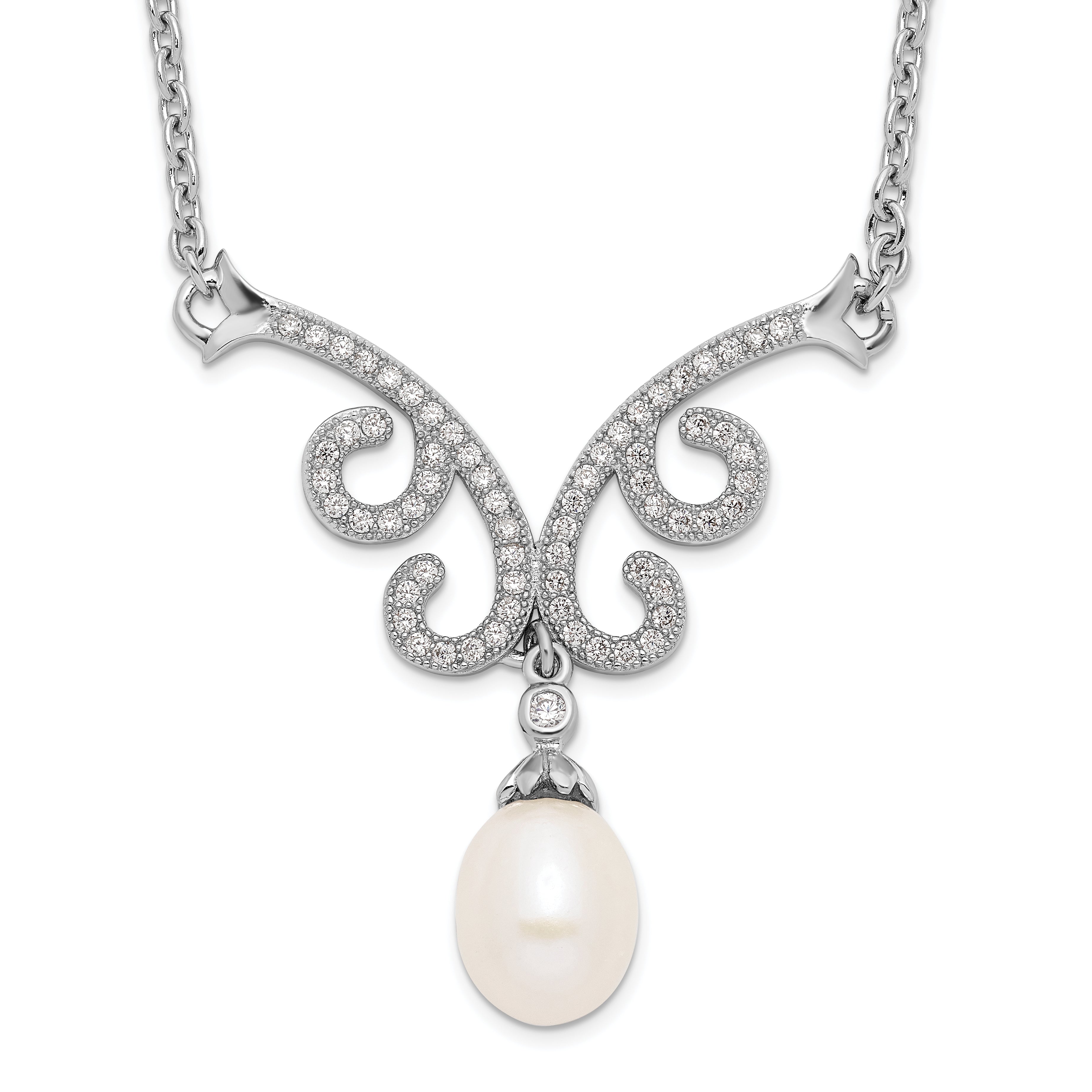 Sterling Silver Rhod-plated 8-9mm White FWC Pearl CZ w/1in ext. Necklace