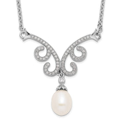 Sterling Silver Rhod-plated 8-9mm White FWC Pearl CZ w/1in ext. Necklace