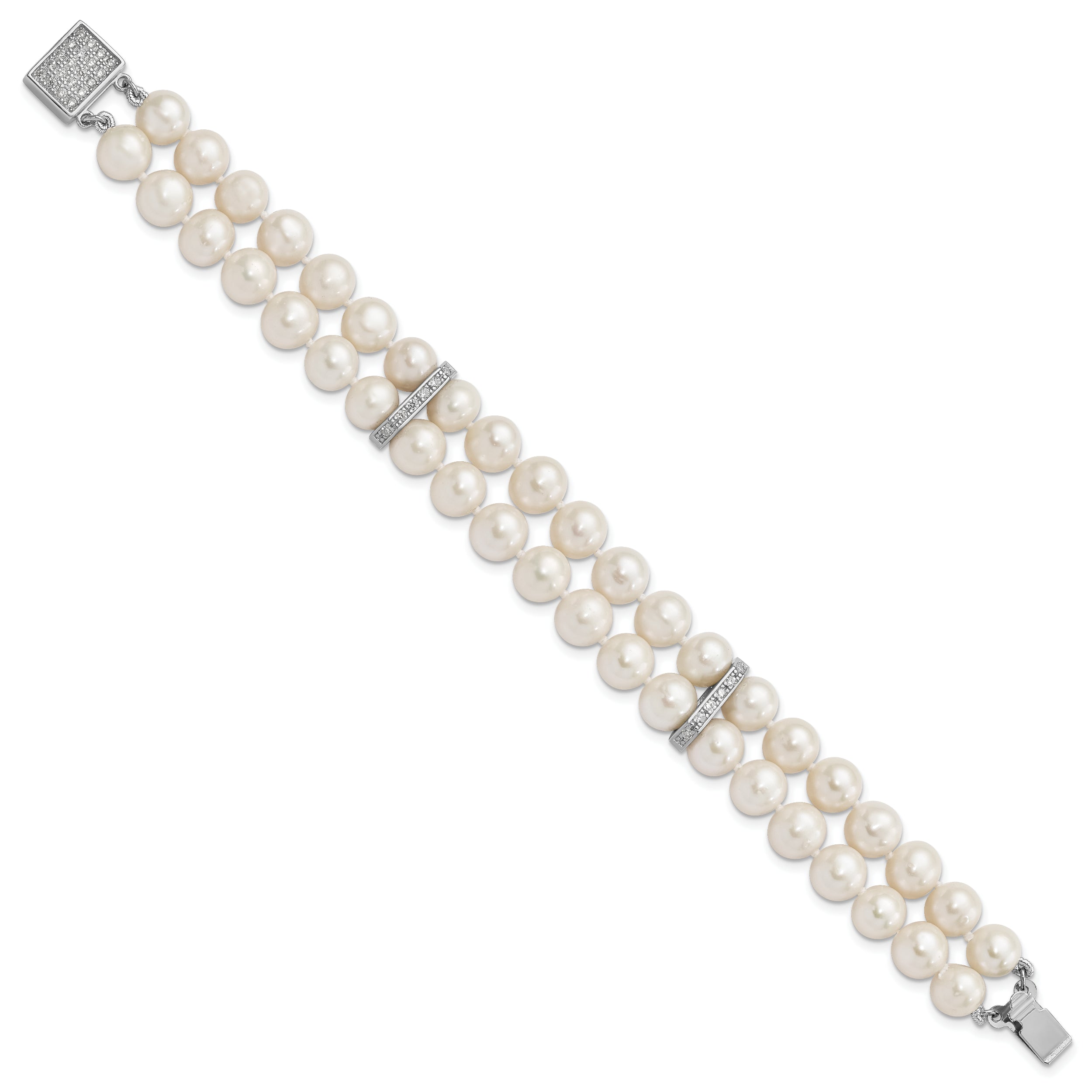 Sterling Silver Rhodium 7-8mm White FWC Pearl 2-Strand CZ Fancy Bracelet