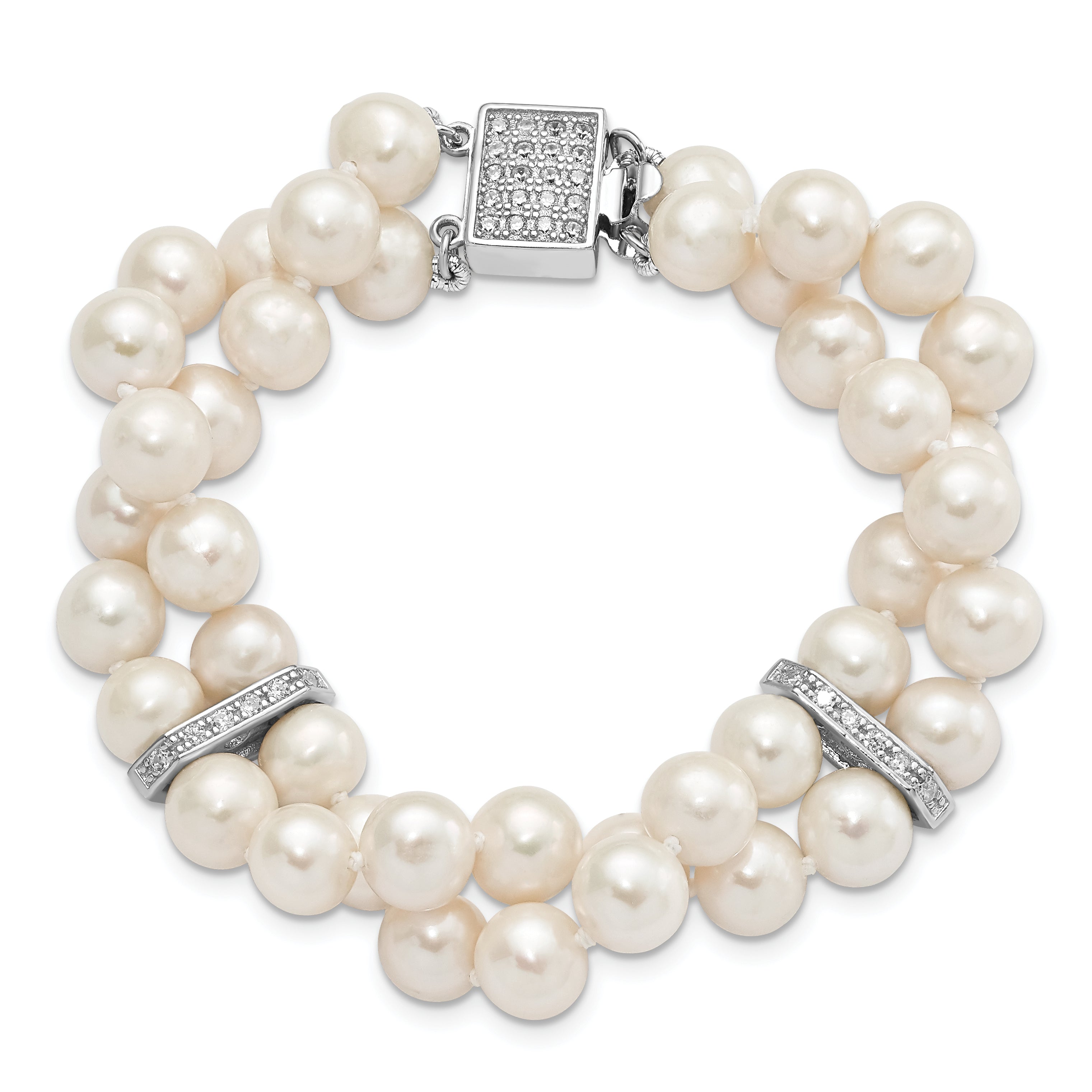 Sterling Silver Rhodium 7-8mm White FWC Pearl 2-Strand CZ Fancy Bracelet