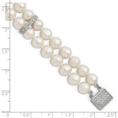 Sterling Silver Rhodium 7-8mm White FWC Pearl 2-Strand CZ Fancy Bracelet