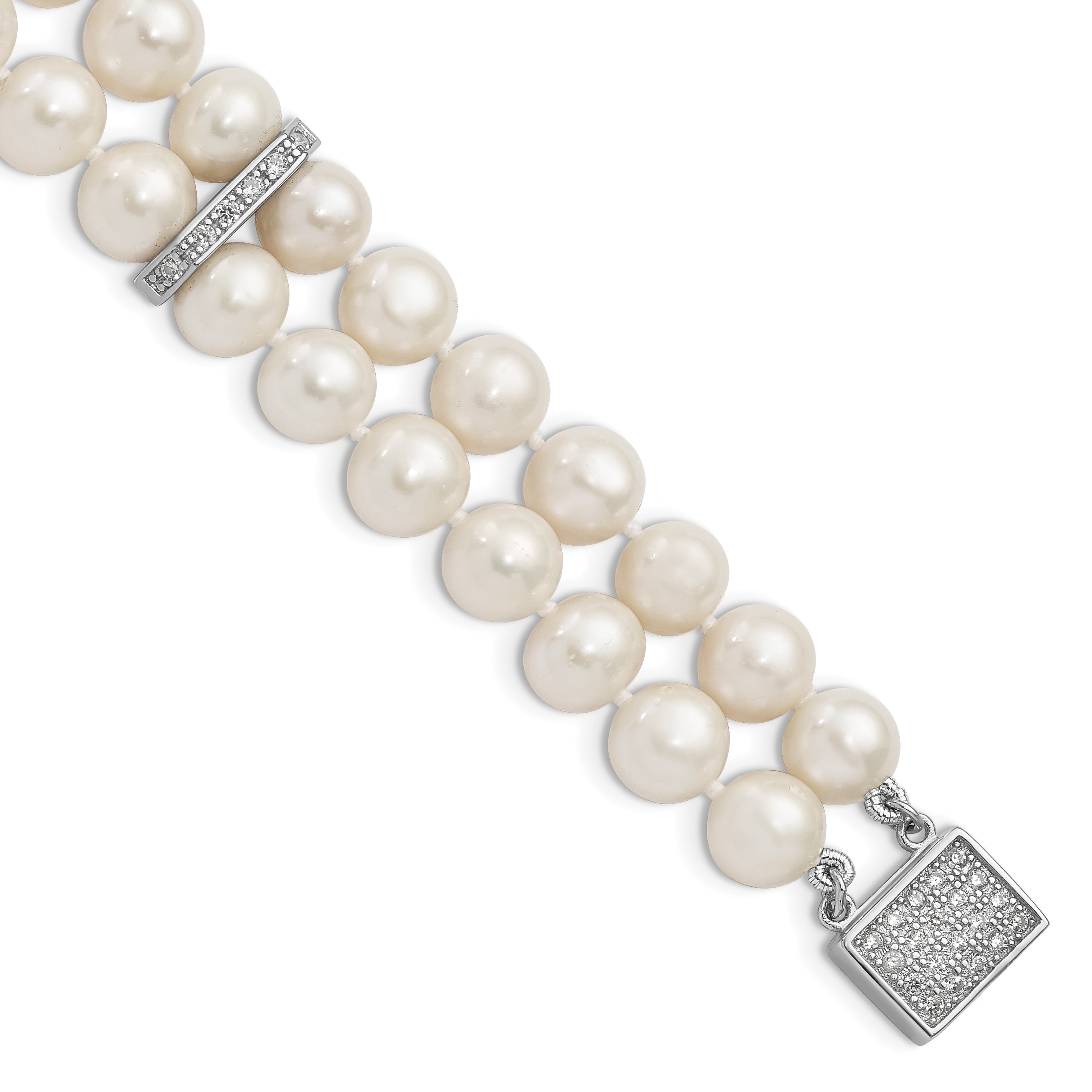 Sterling Silver Rhodium 7-8mm White FWC Pearl 2-Strand CZ Fancy Bracelet