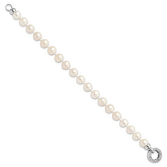 Sterling Silver Rhodium-plated 9-10mm White FWC Pearl CZ Fancy Bracelet