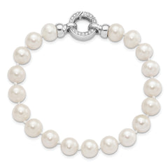 Sterling Silver Rhodium-plated 9-10mm White FWC Pearl CZ Fancy Bracelet