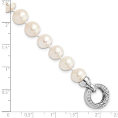 Sterling Silver Rhodium-plated 9-10mm White FWC Pearl CZ Fancy Bracelet