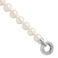 Sterling Silver Rhodium-plated 9-10mm White FWC Pearl CZ Fancy Bracelet