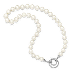 Sterling Silver RH 10-11mm White FWC Pearl CZ Clasp Adjust. Necklace