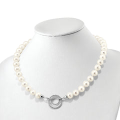 Sterling Silver RH 10-11mm White FWC Pearl CZ Clasp Adjust. Necklace