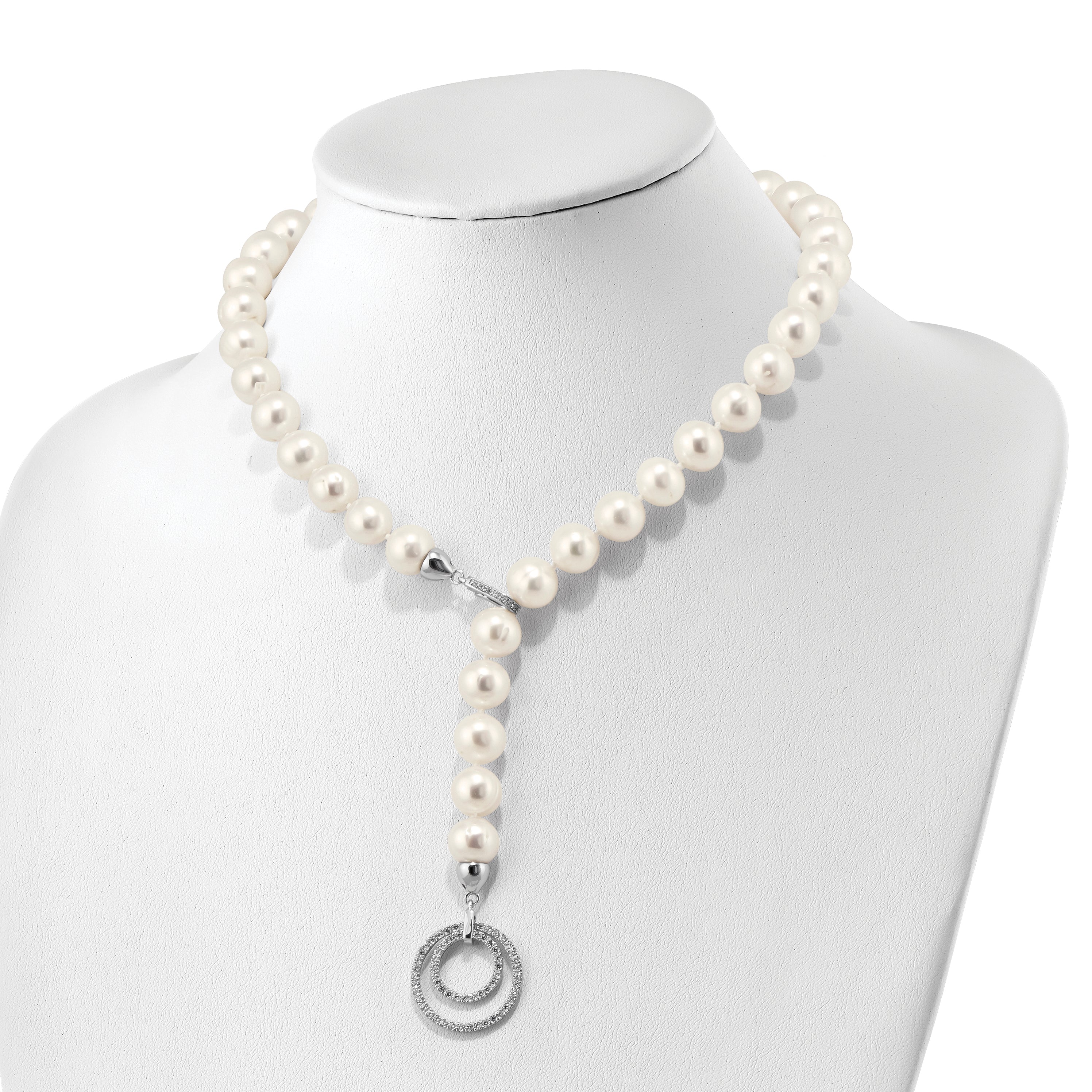 Sterling Silver RH 10-11mm White FWC Pearl CZ Clasp Adjust. Necklace