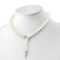 Sterling Silver RH 9-10mm White FWC Pearl CZ Clasp Adjust. Necklace