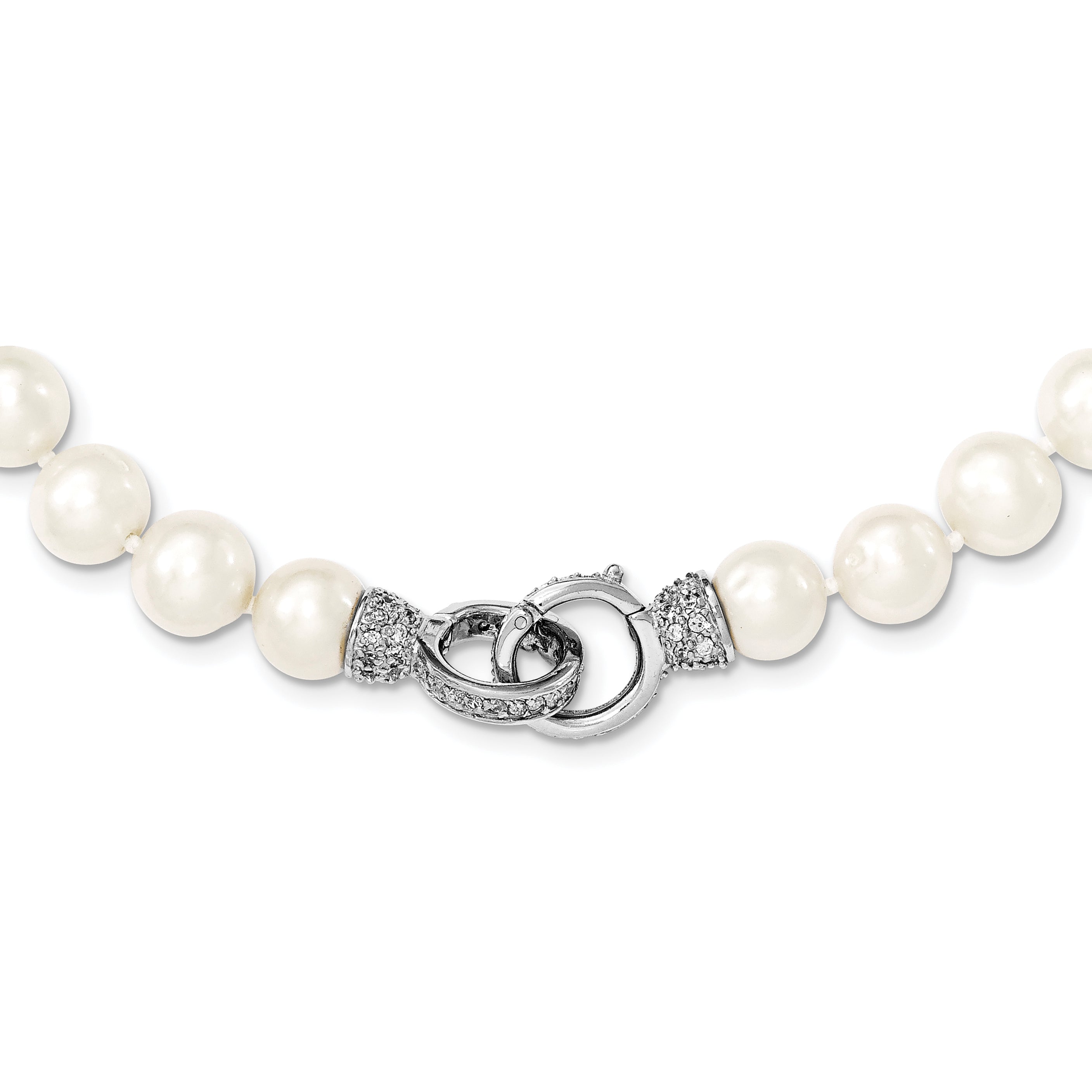 Sterling Silver RH 9-10mm White FWC Pearl CZ Clasp Adjust. Necklace