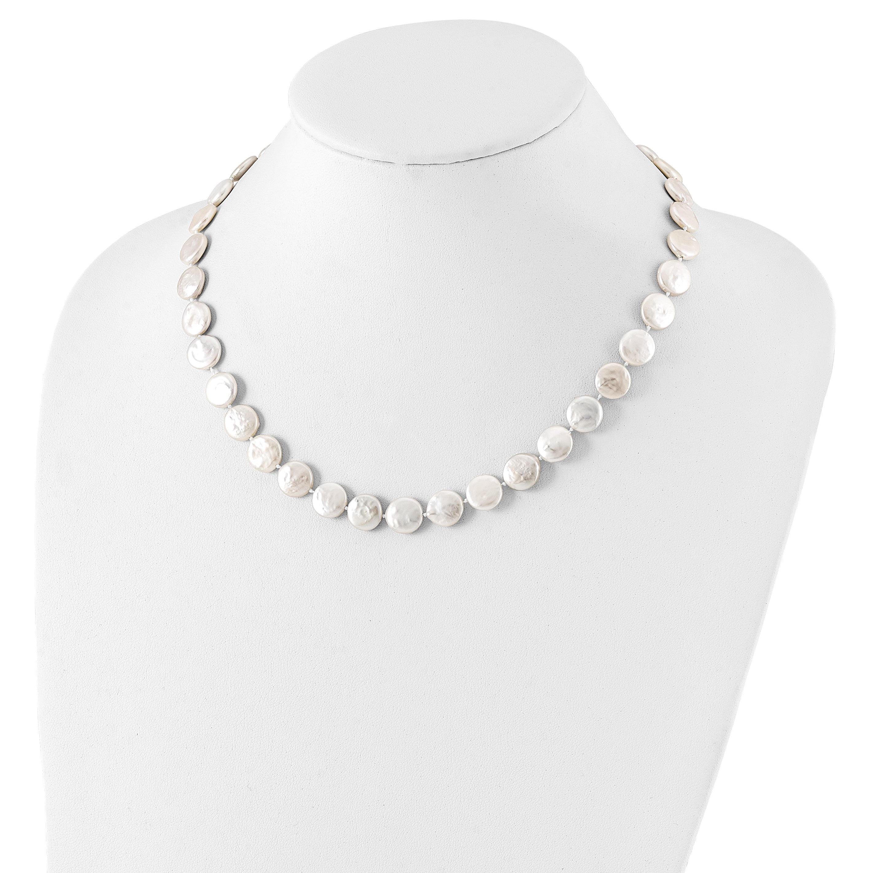 Sterling Silver Rhodium-plated 10-11mm White FWC Coin Pearl Necklace