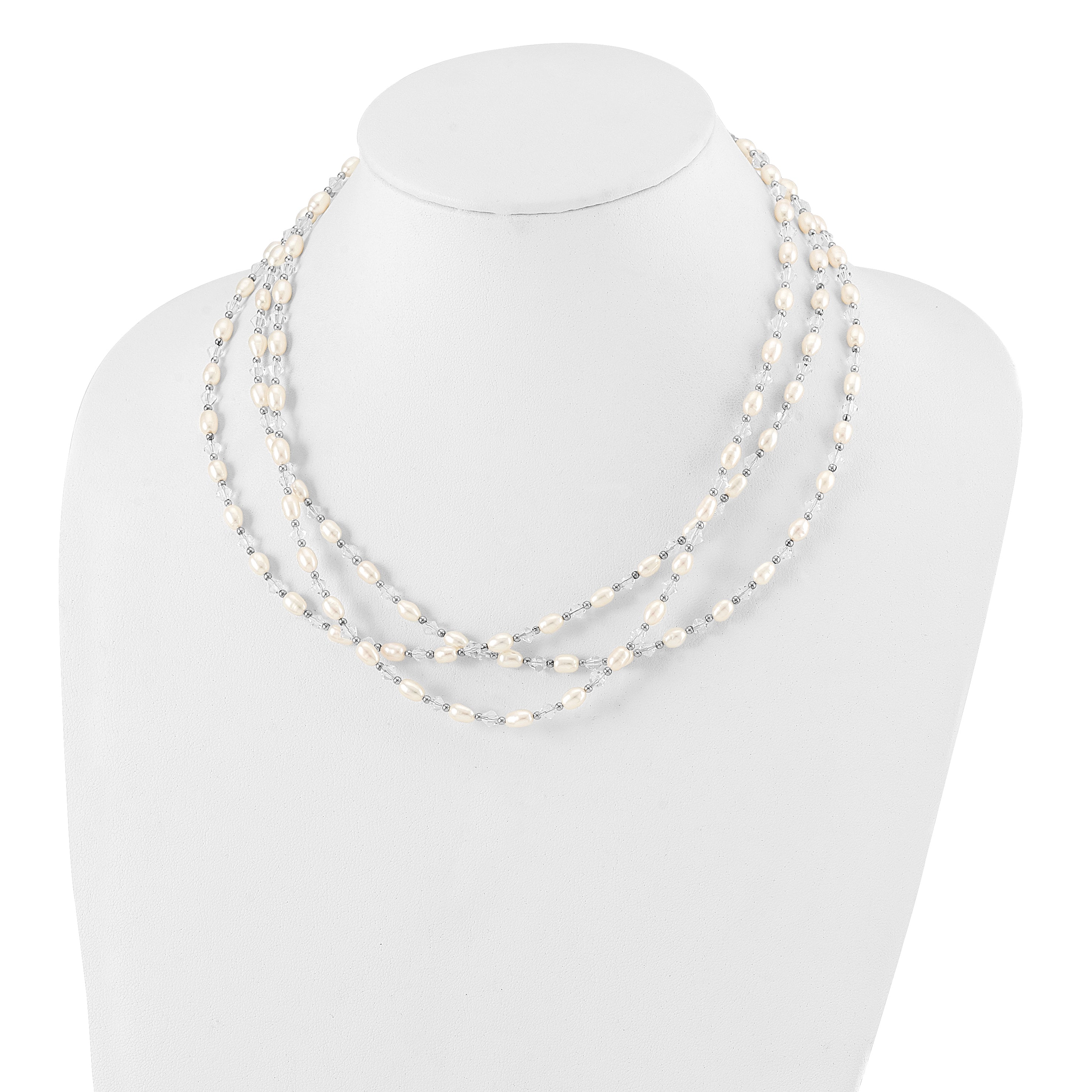 Sterling Silver 4-5mm Freshwater Cultured Pearl & Crystal Bead 3-Strand w/ 2in ext Necklace