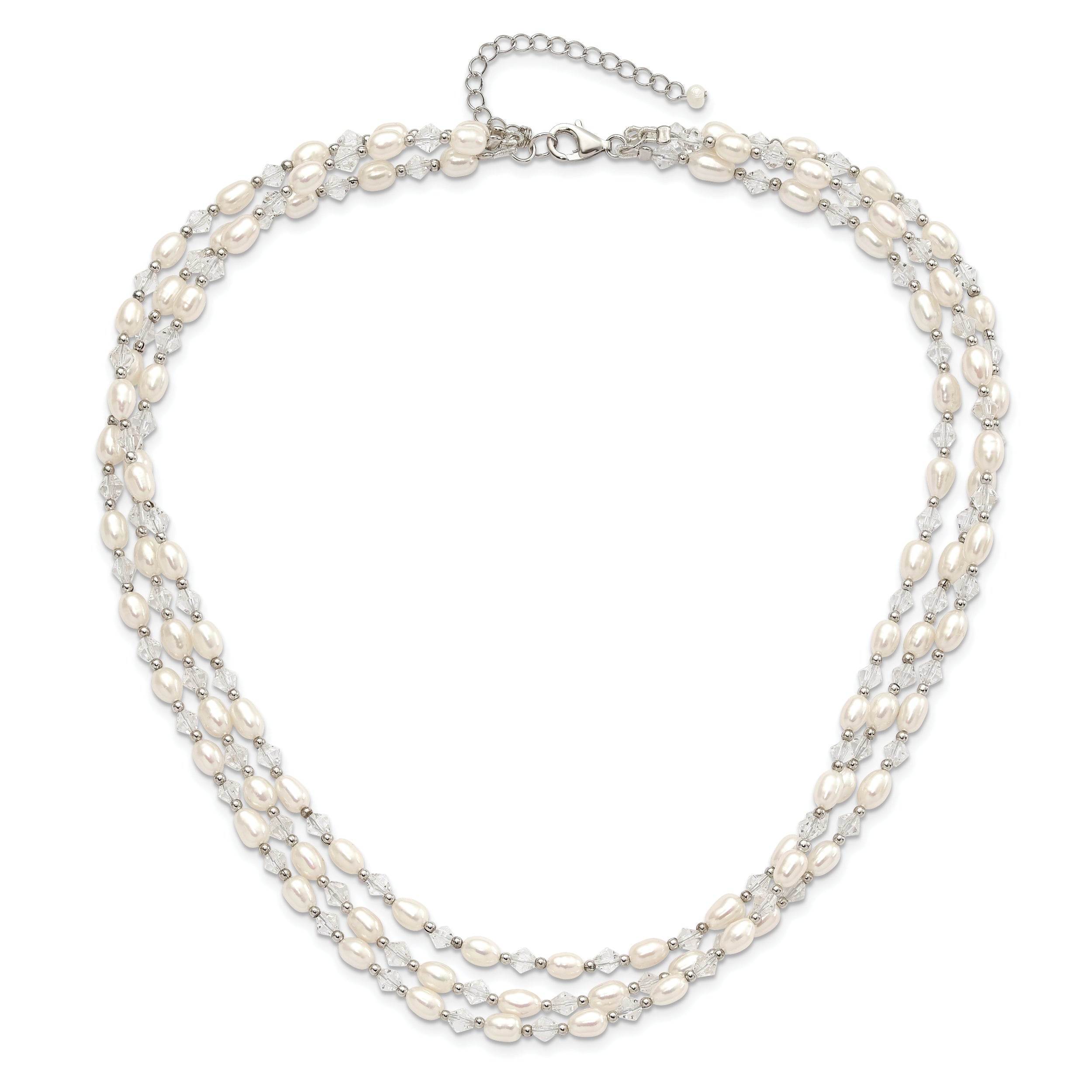 Sterling Silver 4-5mm Freshwater Cultured Pearl & Crystal Bead 3-Strand w/ 2in ext Necklace