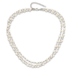 Sterling Silver 4-5mm Freshwater Cultured Pearl & Crystal Bead 3-Strand w/ 2in ext Necklace