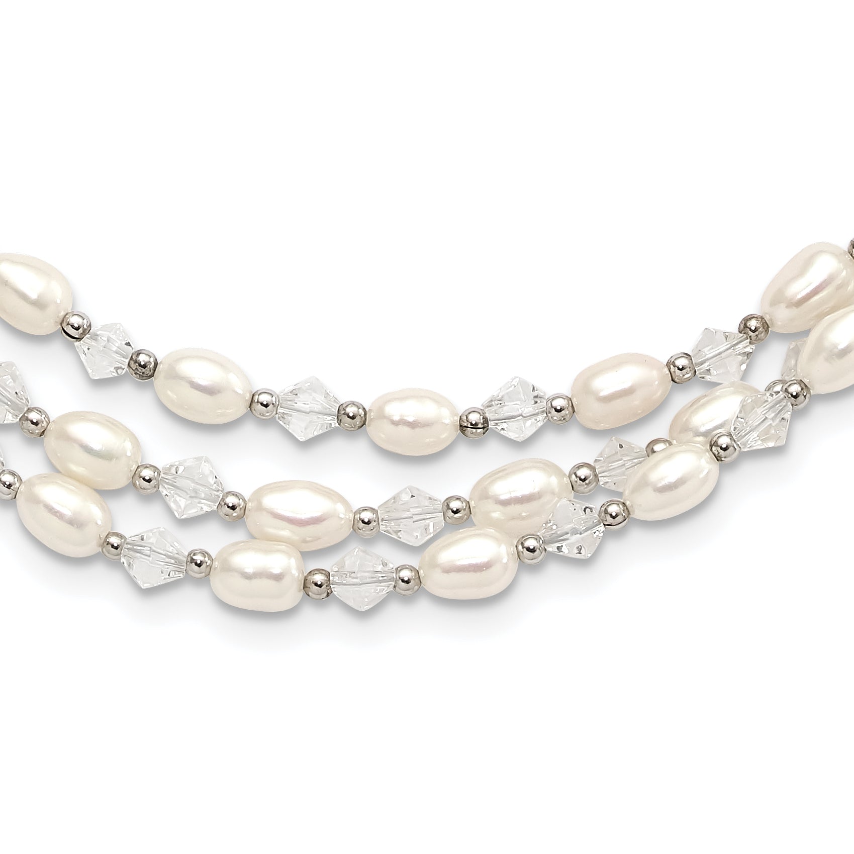 Sterling Silver 4-5mm Freshwater Cultured Pearl & Crystal Bead 3-Strand w/ 2in ext Necklace