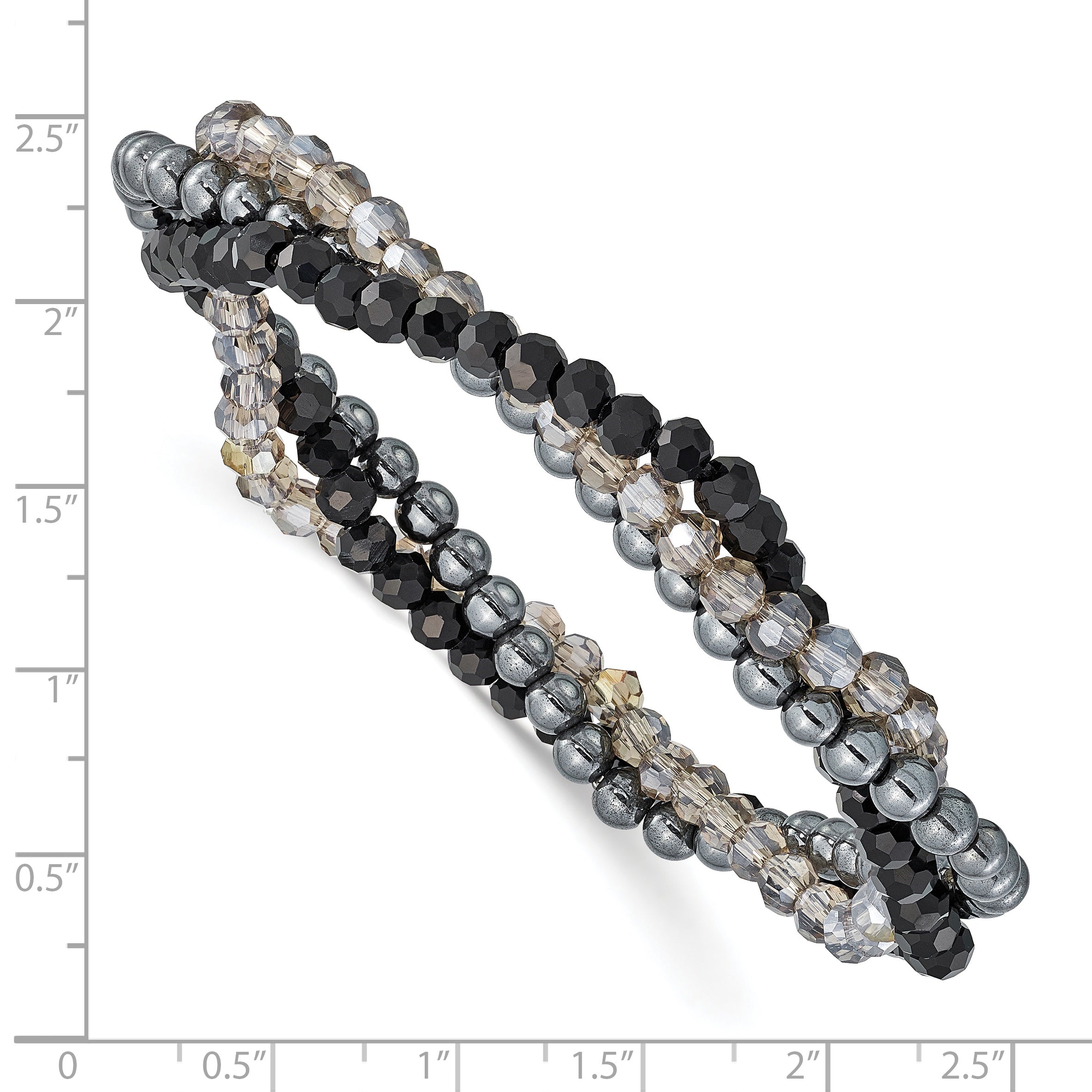 Sterling Silver Black and Smoky Crystal, Hematite 3pce Stretch Bracelet