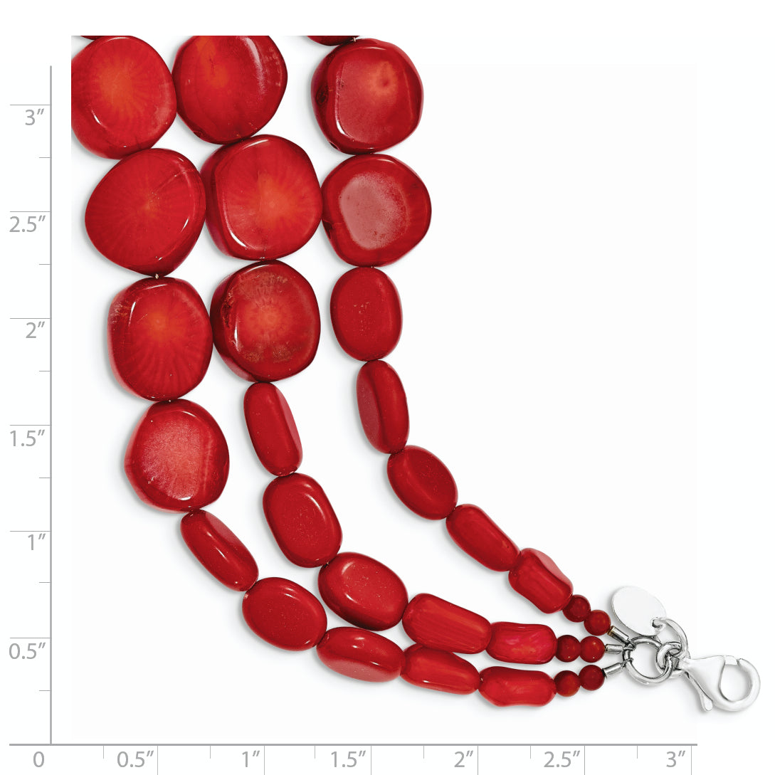 Sterling Silver Triple Strand Red Coral 7 inch Bracelet with 1 inch extension