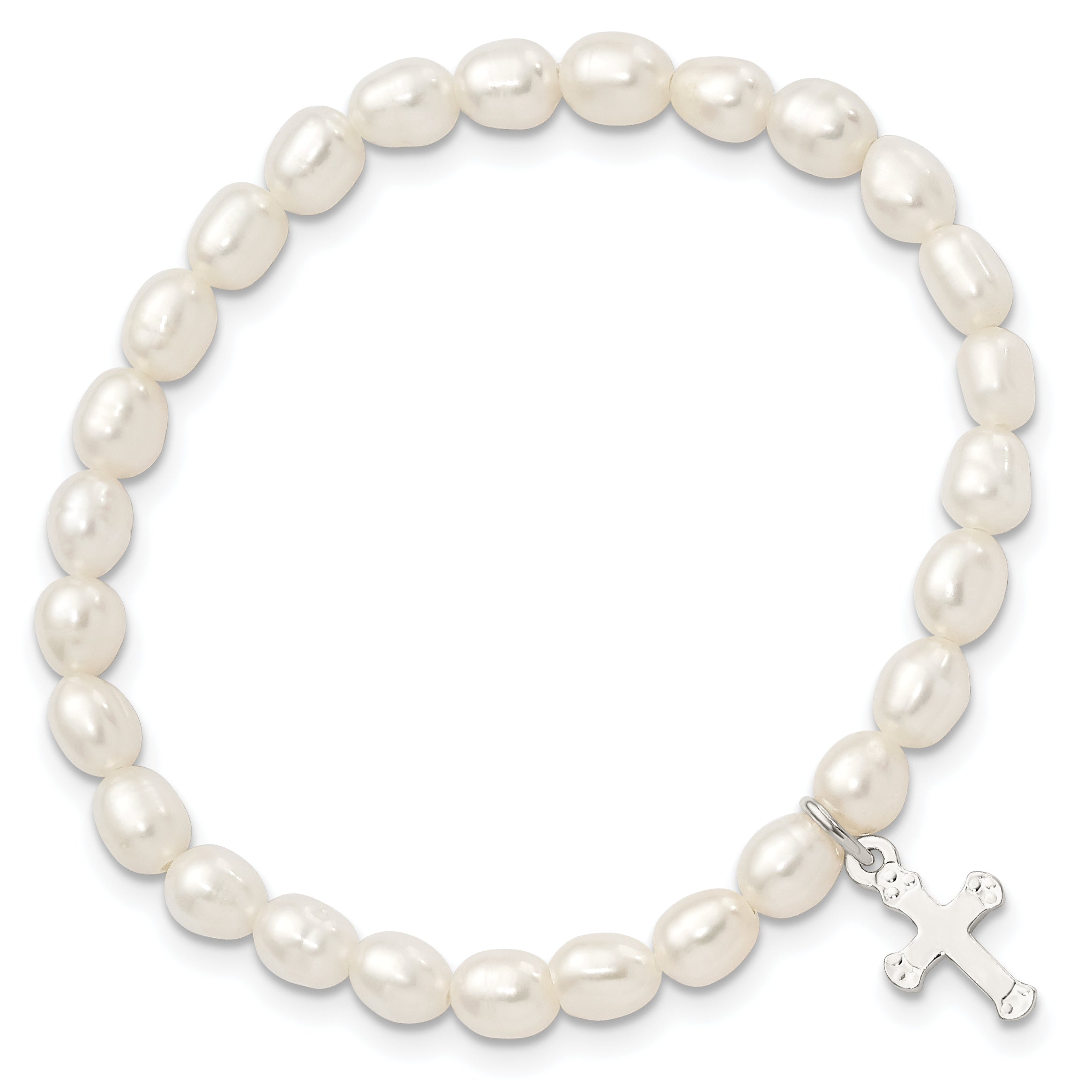 Sterling Silver Polished FWC Pearl & Cross Children's Stretch Bracelet