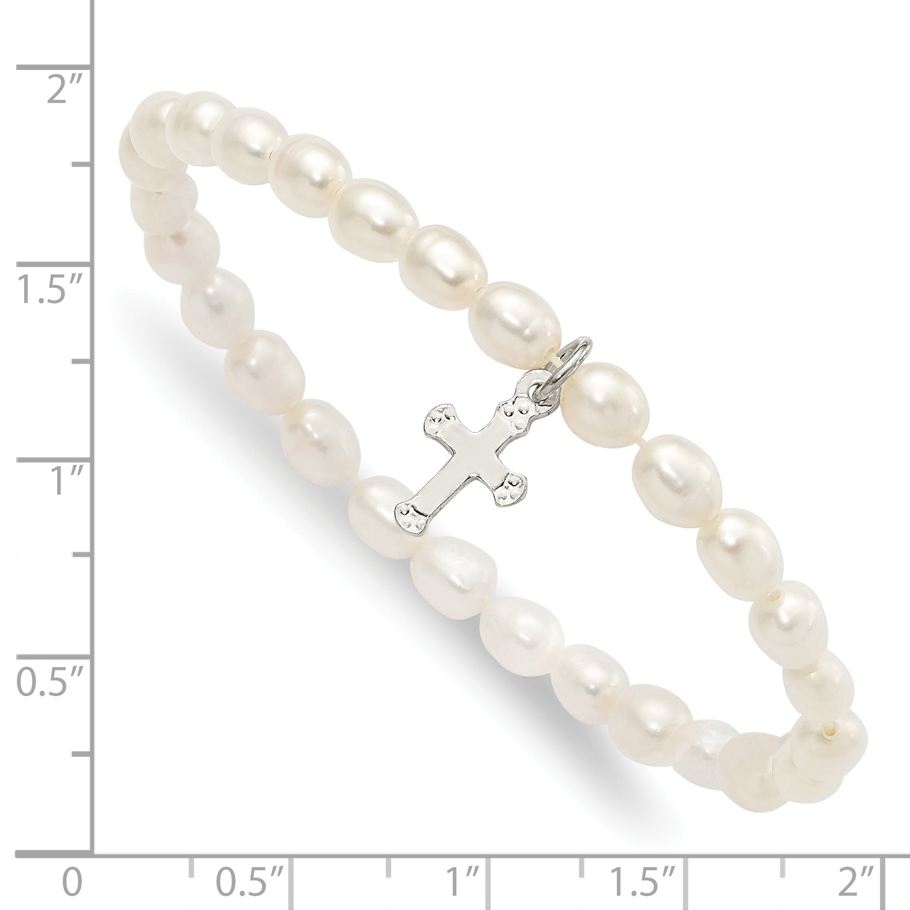 Sterling Silver Polished FWC Pearl & Cross Children's Stretch Bracelet