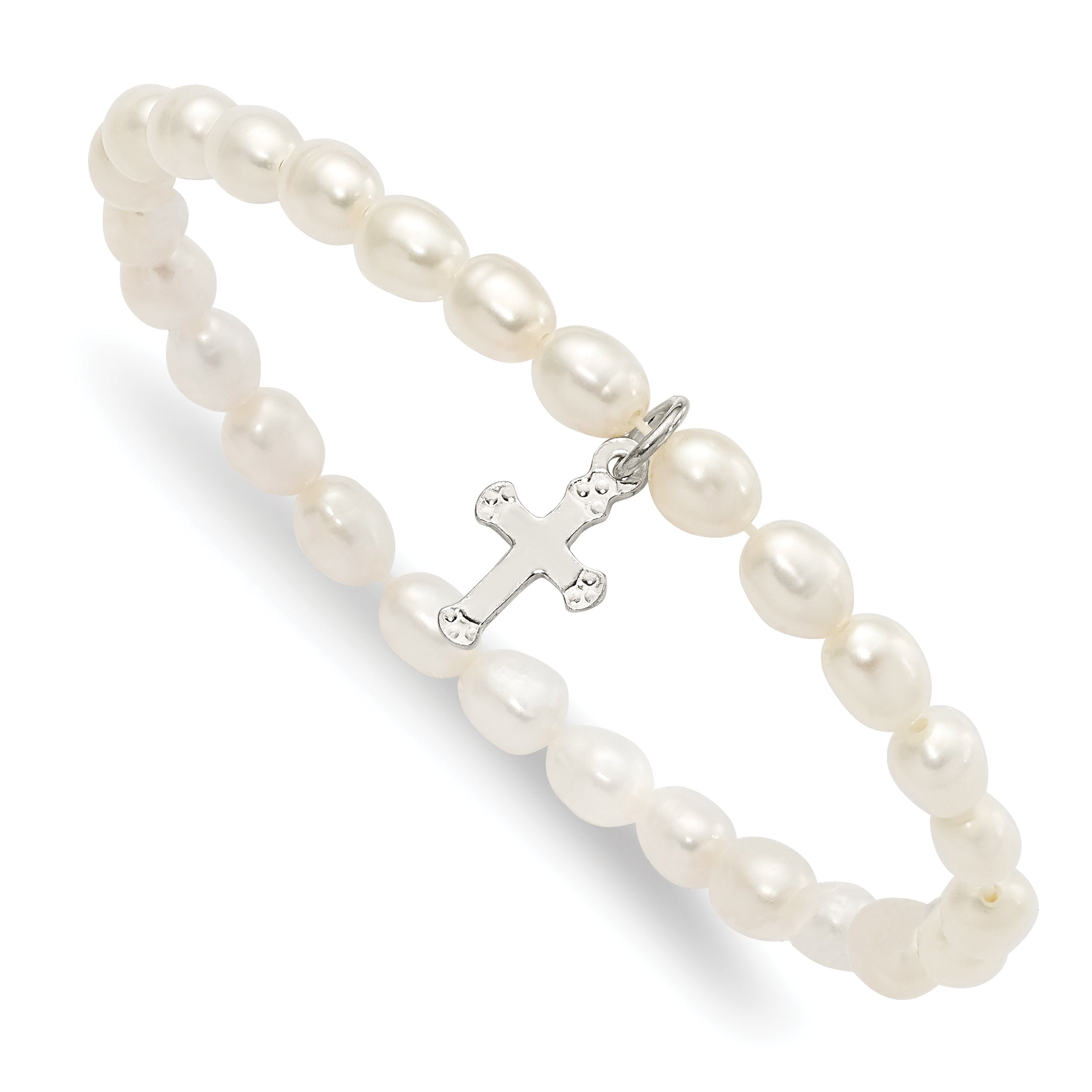 Sterling Silver Polished FWC Pearl & Cross Children's Stretch Bracelet