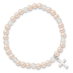 Sterling Silver Pink Shell Bead & Crystal Cross Children's Stretch Bracelet