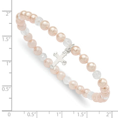 Sterling Silver Pink Shell Bead & Crystal Cross Children's Stretch Bracelet