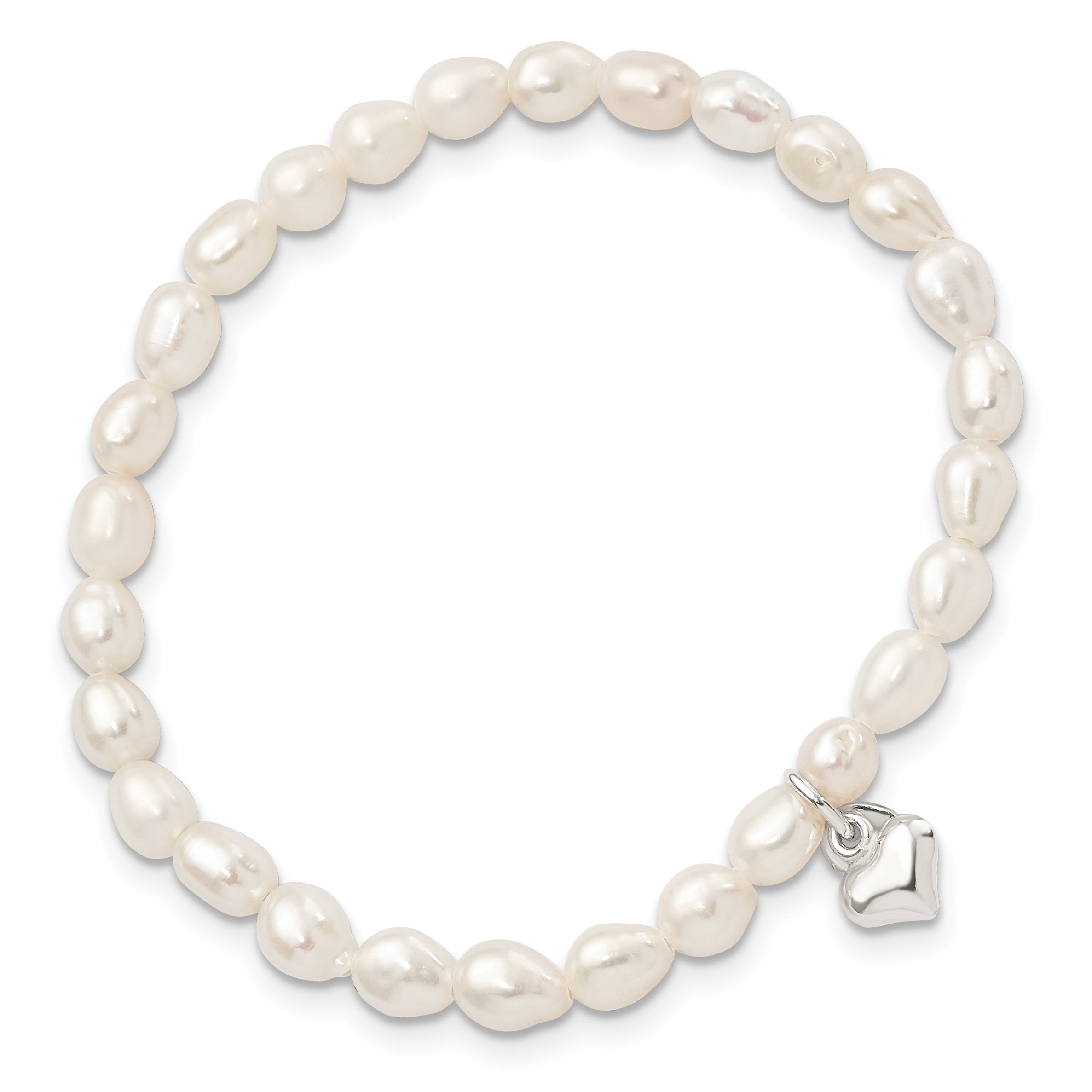 Sterling Silver Polished FWC Pearl & Heart Children's Stretch Bracelet