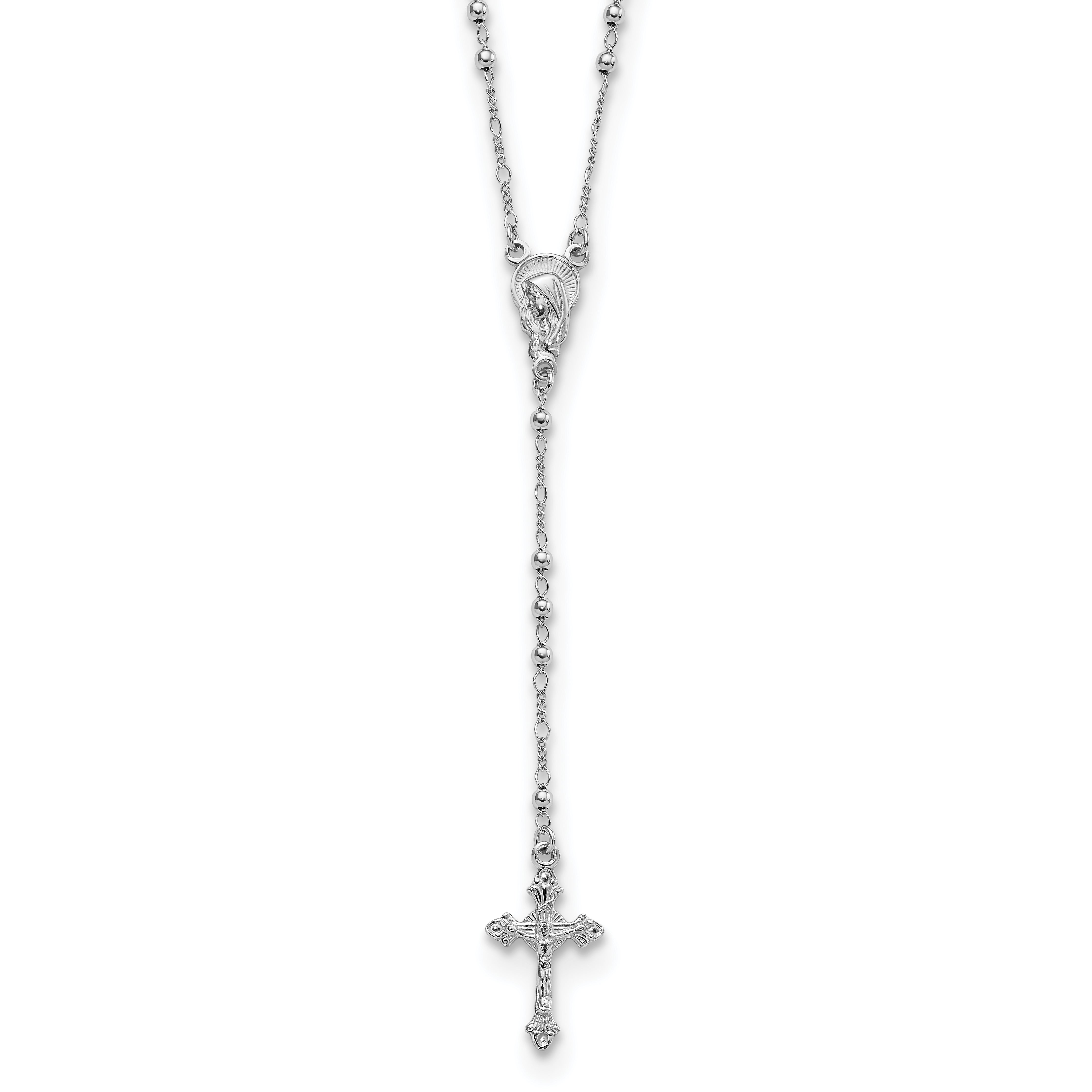 Sterling Silver Rhodium Plated Polished Beaded Rosary