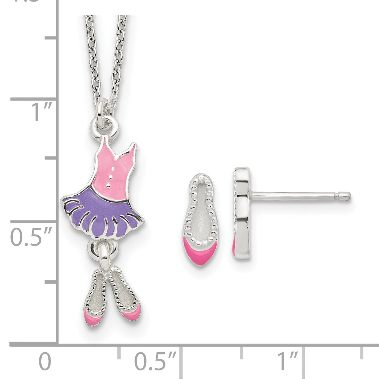 Sterling Silver Polished & Enameled Ballerina Children's 14in Necklace & Earring Set