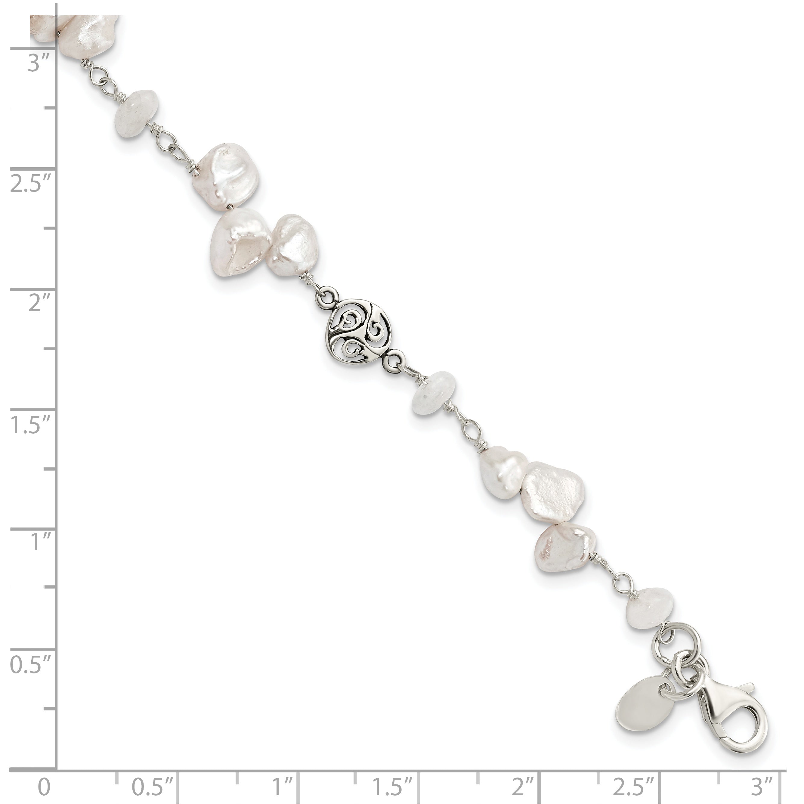 Sterling Silver FWC Keshi Pearl w/Moonstone 1in Ext. Fancy Bracelet