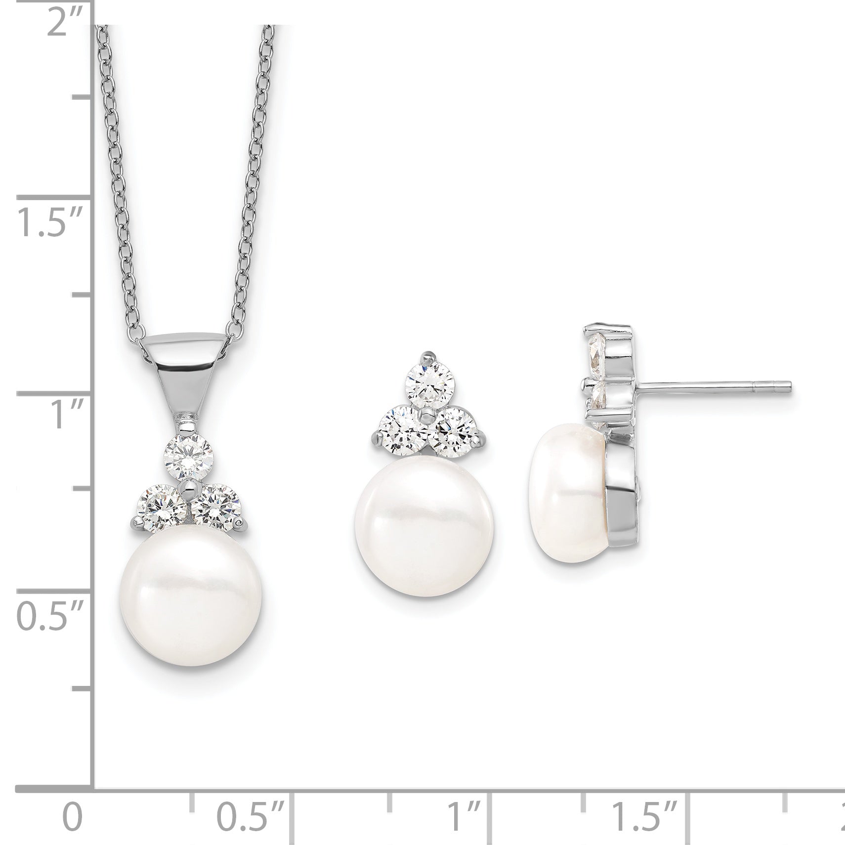 Sterling Silver Rhodium-plated 9-10mm Coin FWCPearl CZ Earring/Necklace Set