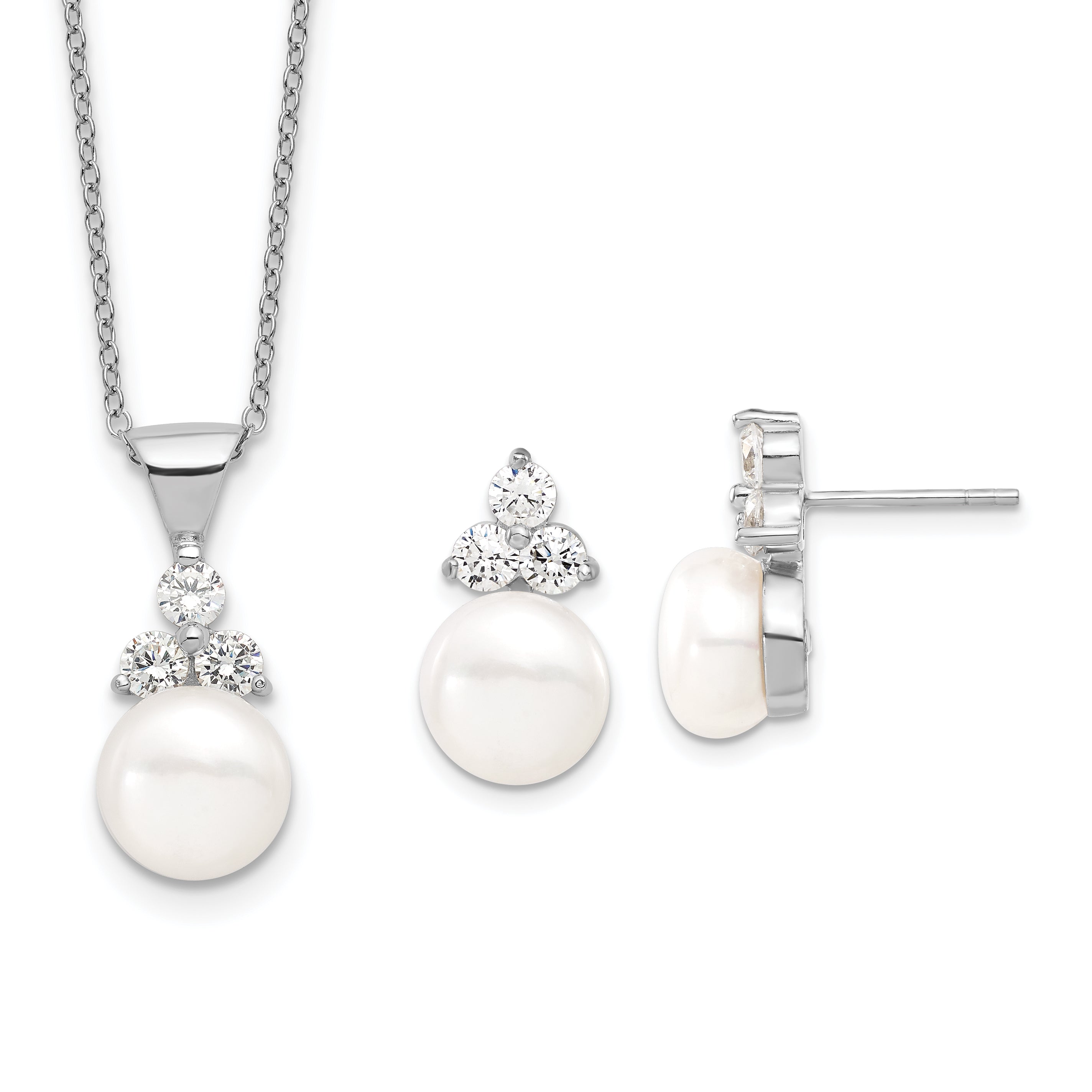 Sterling Silver Rhodium-plated 9-10mm Coin FWCPearl CZ Earring/Necklace Set