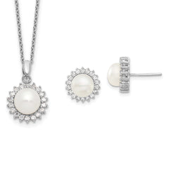 Sterling Silver Rhodium-plated 8-9mm FWC Pearl CZ Earring/Necklace Set