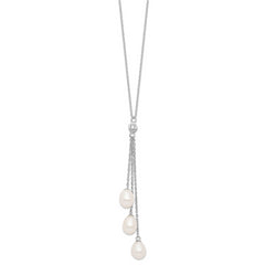 Sterling Silver Rhodium-plated 7-8mm White FWC Pearl CZ Drop Necklace