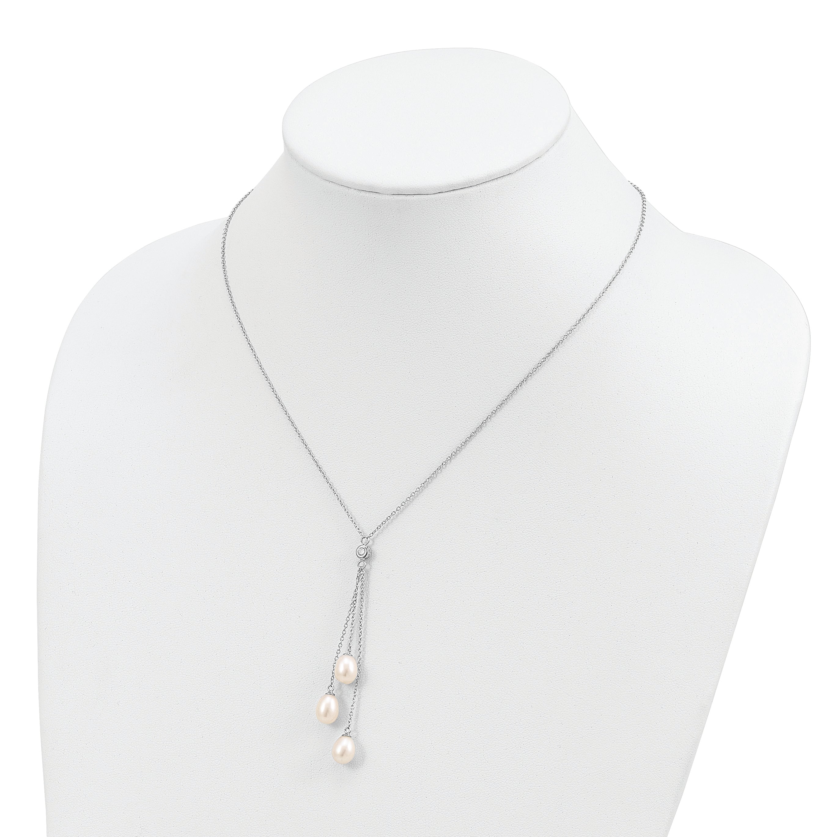 Sterling Silver Rhodium-plated 7-8mm White FWC Pearl CZ Drop Necklace