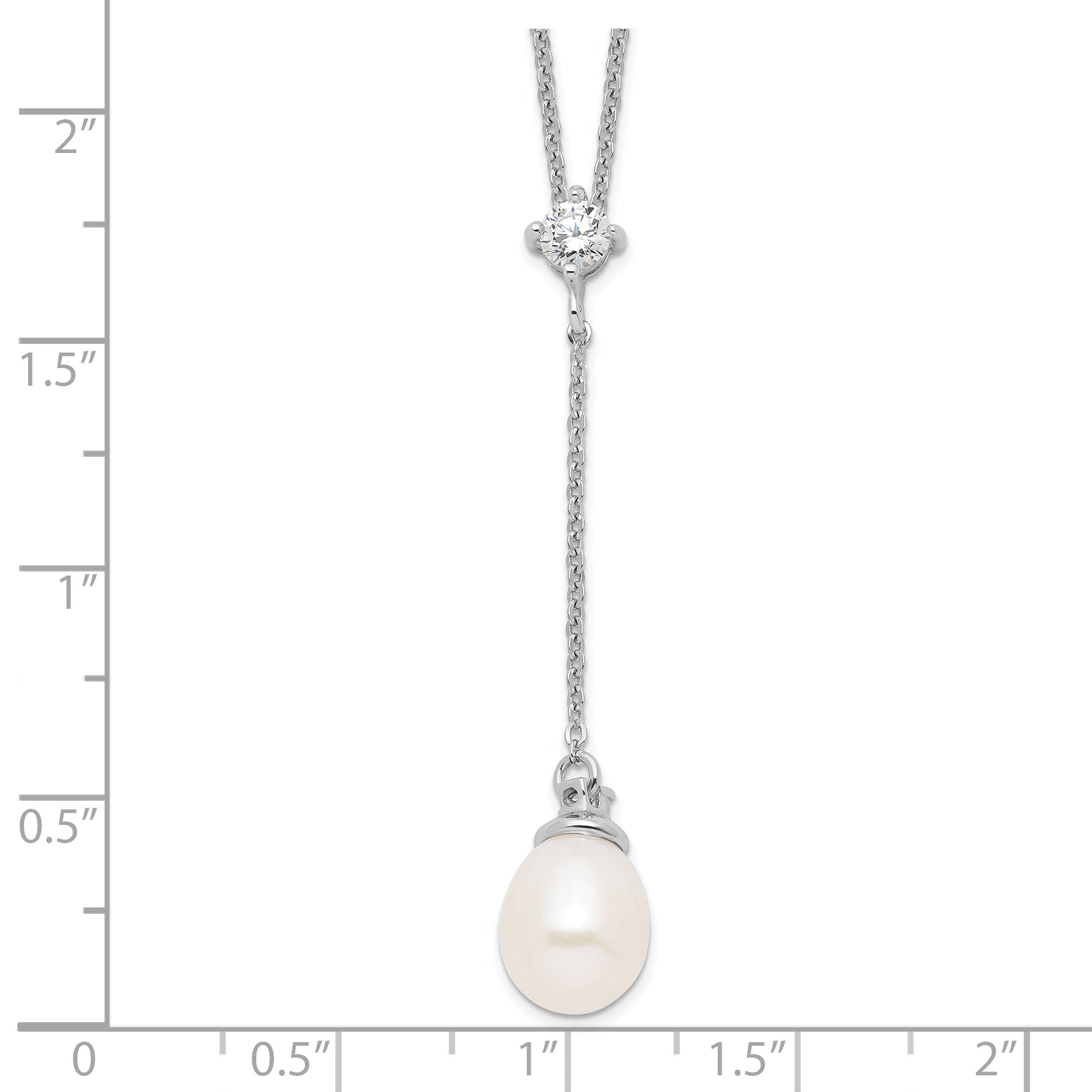 Sterling Silver Rhodium-plated 8-9mm White FWC Pearl CZ Drop Necklace