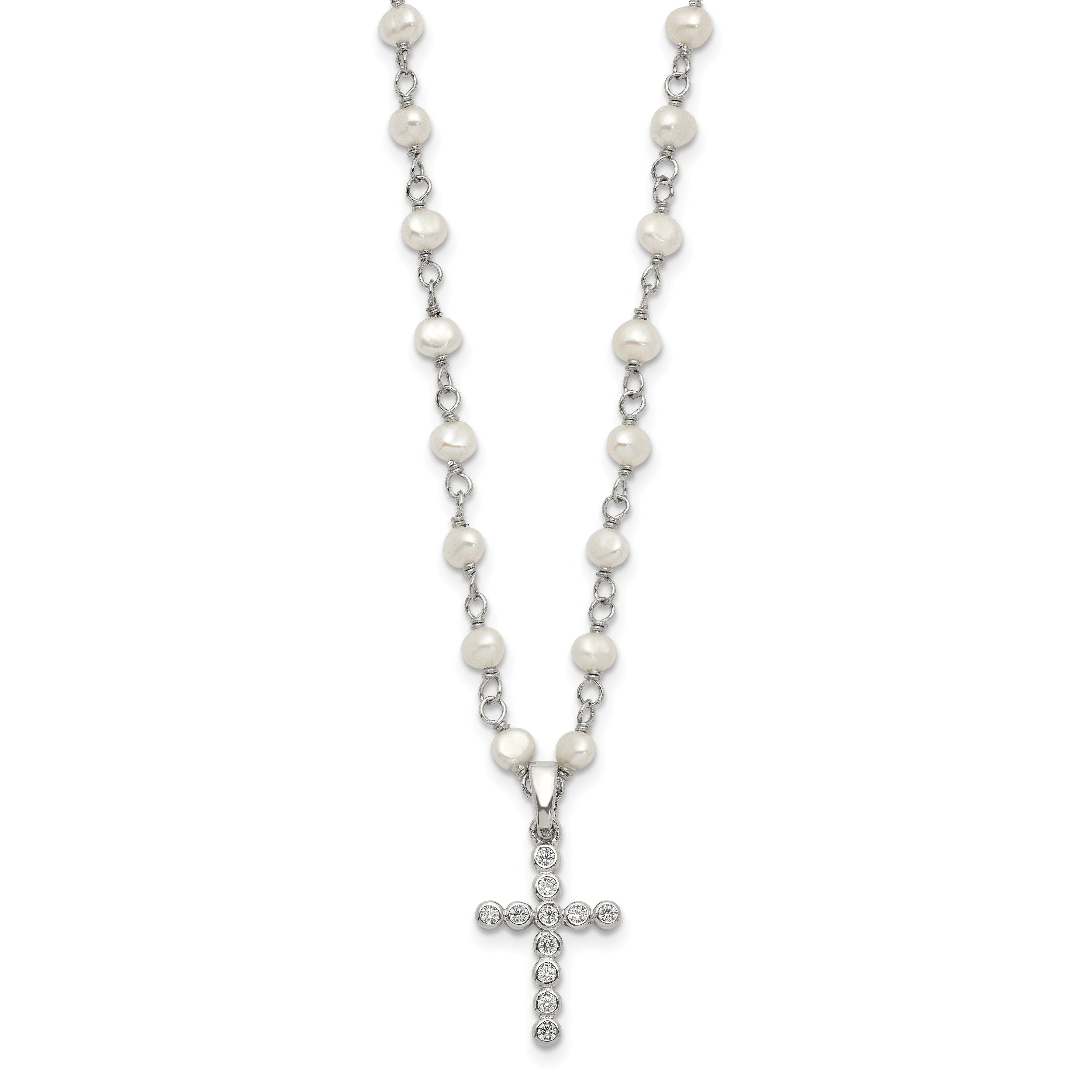 Sterling Silver Pearl CZ Cross Necklace with Rhodium-Plated Chain