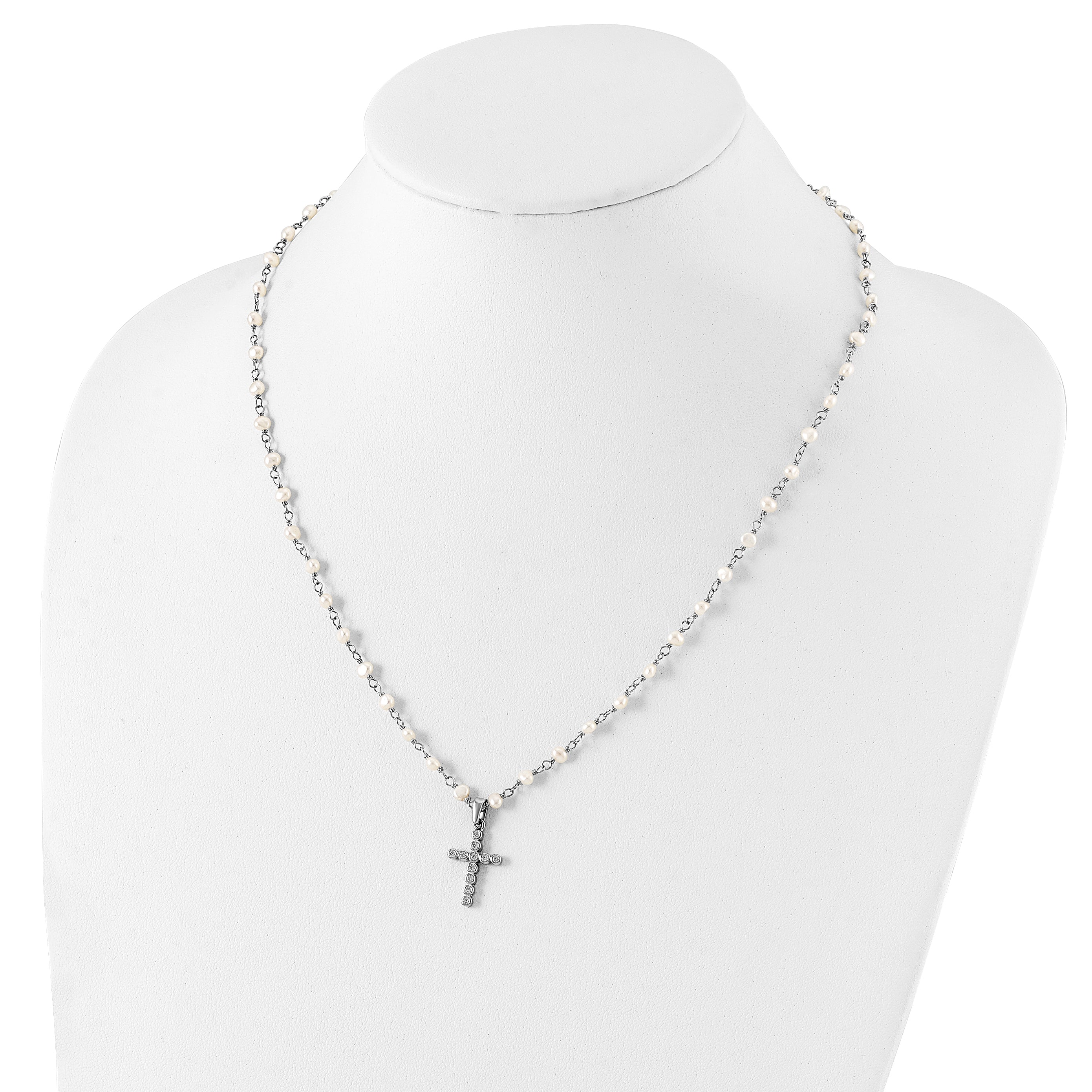 Sterling Silver Pearl CZ Cross Necklace with Rhodium-Plated Chain